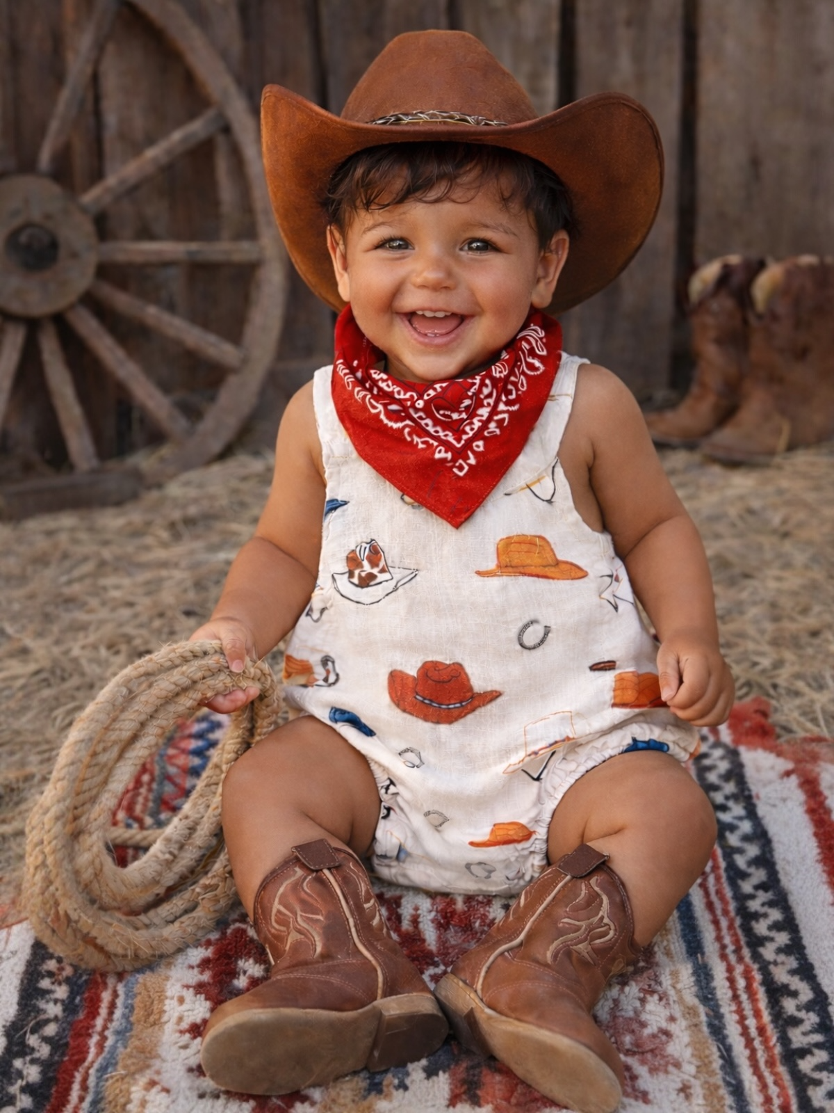 Happy child in cowboy attire with hat and boots, sitting on a colorful blanket in a rustic setting.