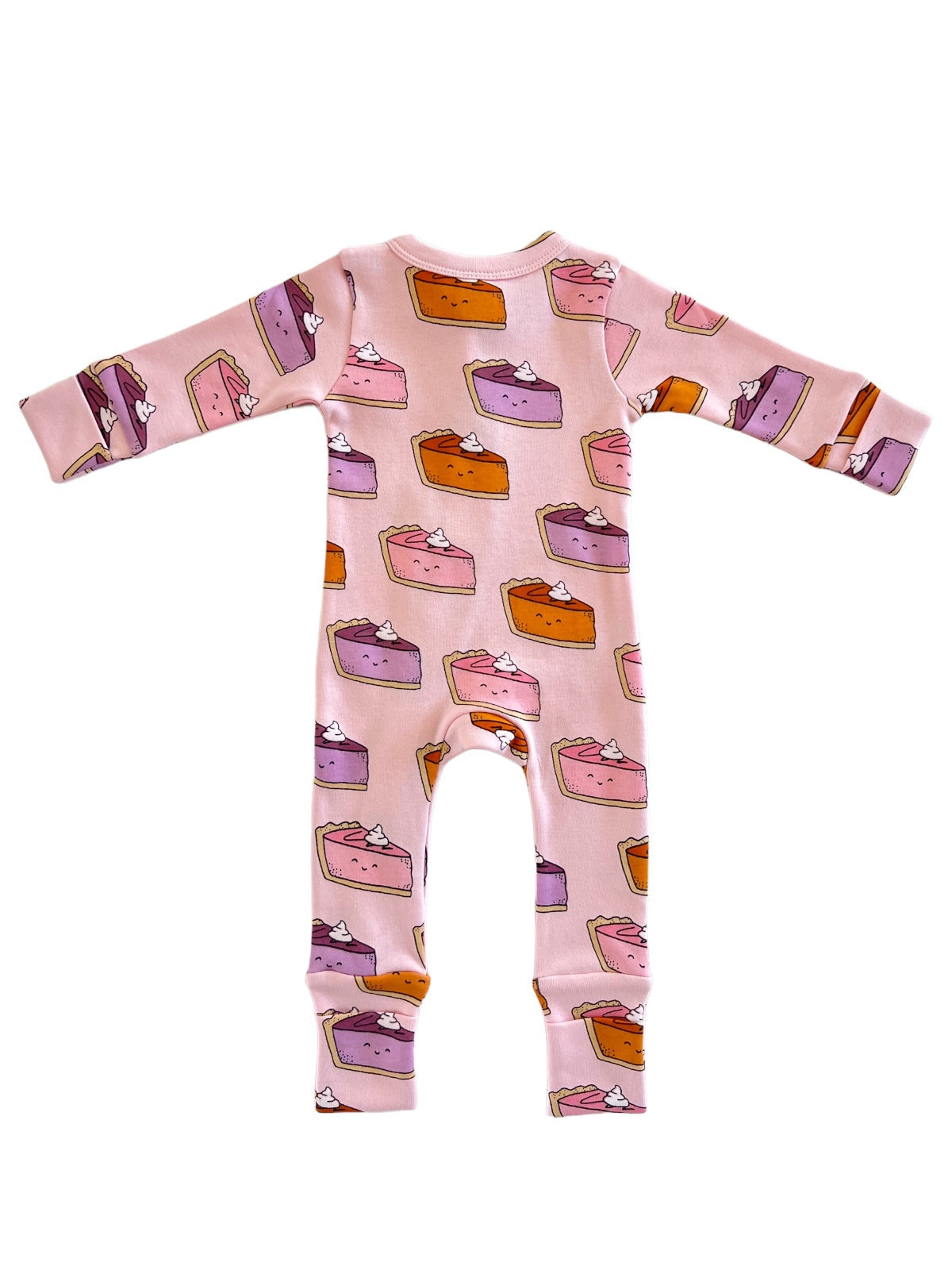 Pink onesie covered in colorful pie slice patterns, perfect for playful outfits.