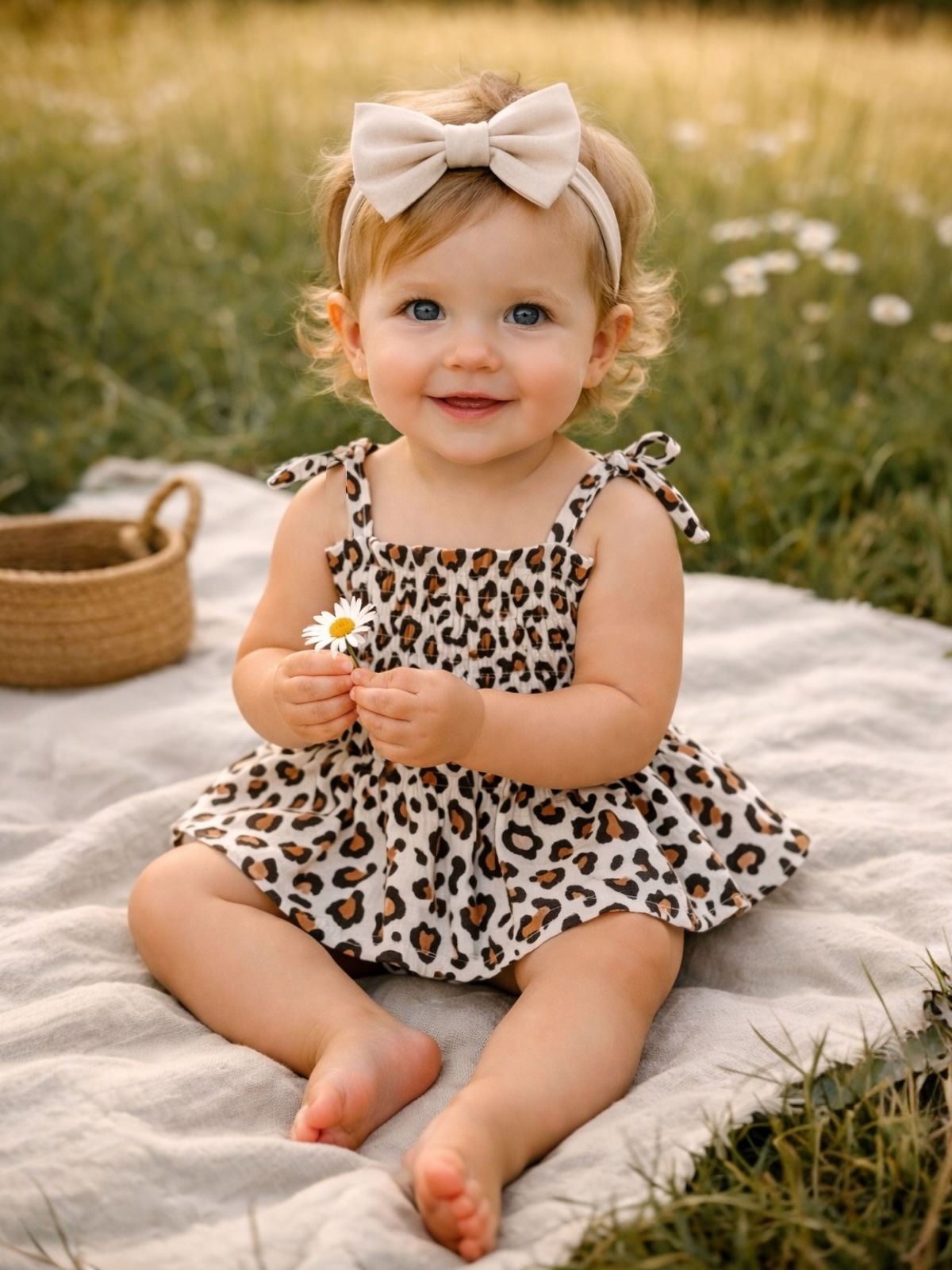 Smiling baby girl in a leopard-print dress holds a daisy, sitting on a blanket in a grassy field.