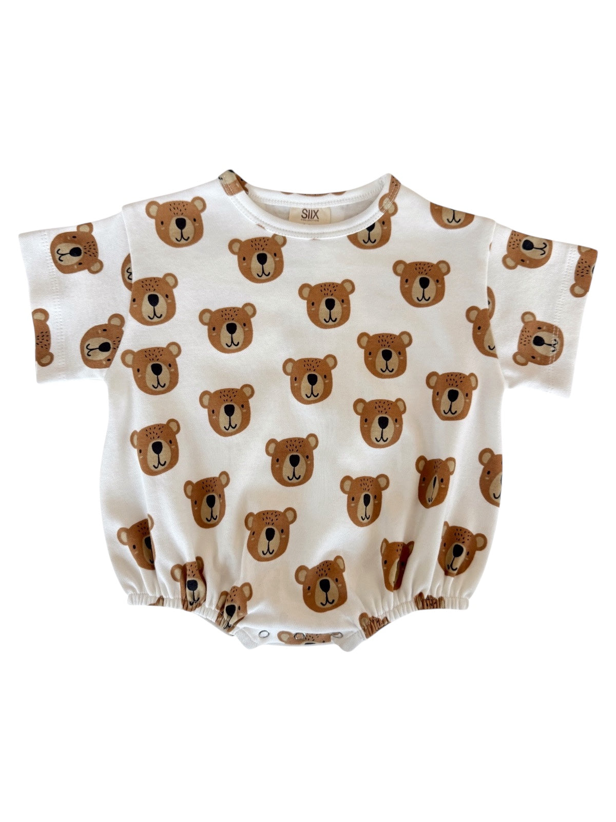 Baby romper with bear print, short sleeves, and soft fabric, featuring a playful design of smiling bear faces.