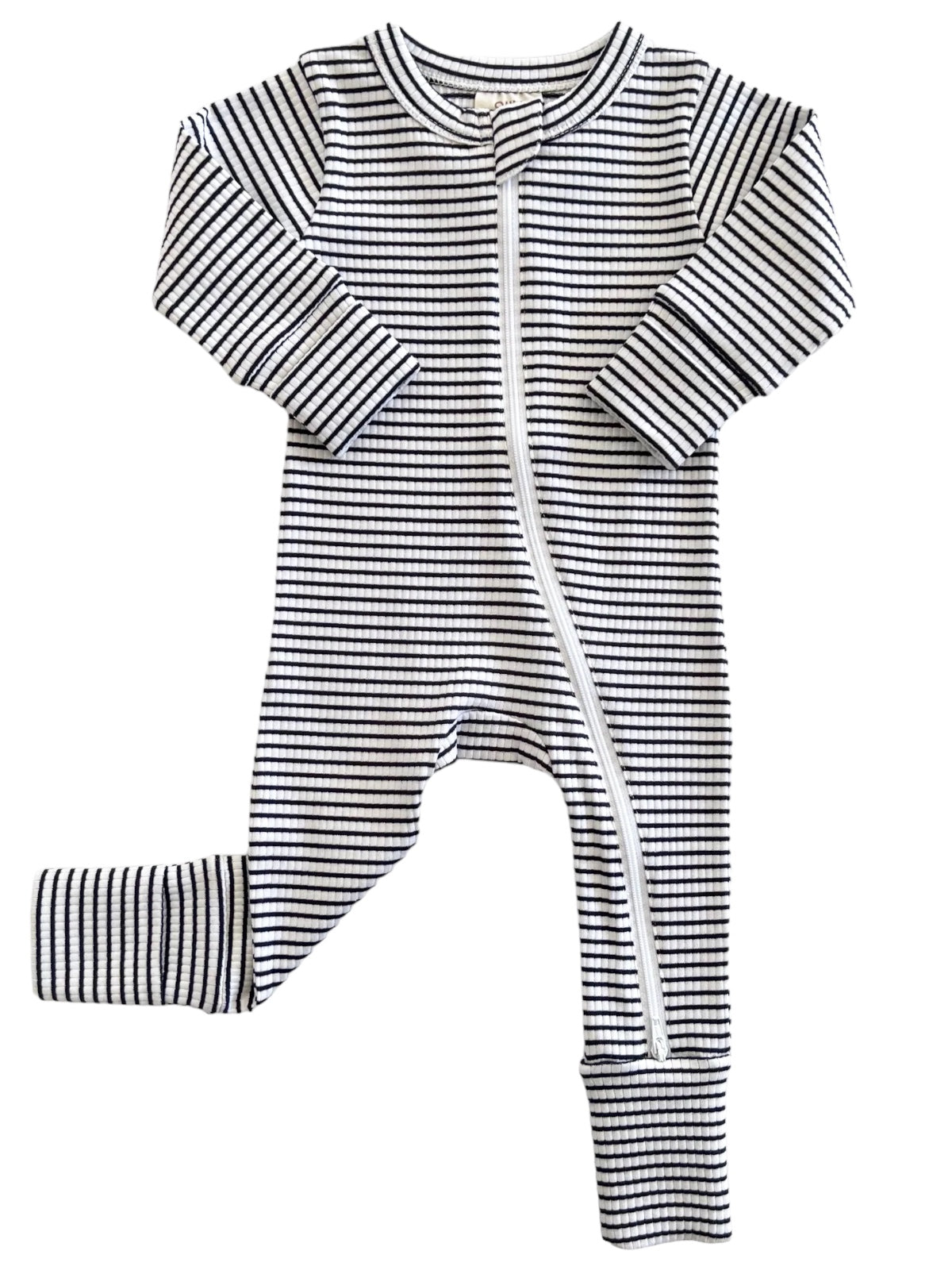 Black and white striped infant onesie with a front zipper and long sleeves.
