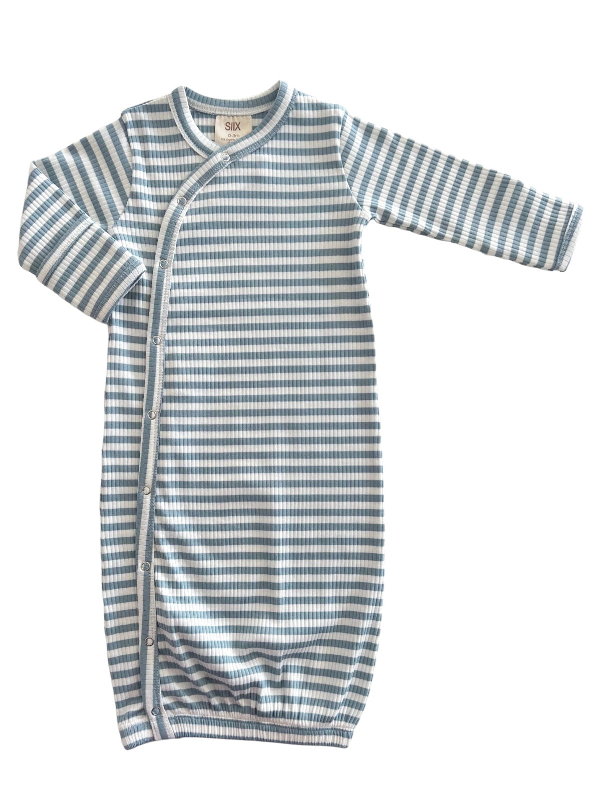 Light blue and white striped baby gown with long sleeves and snap buttons. Ideal for newborns.