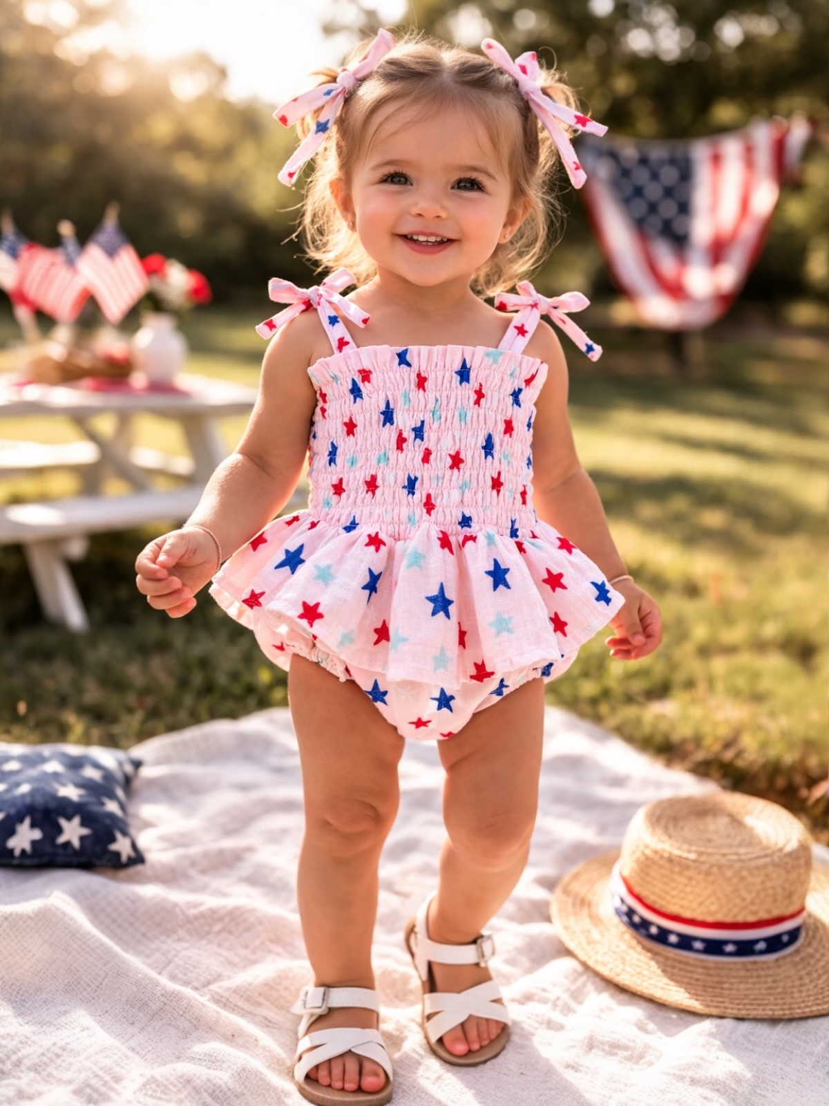 Smiling toddler in a star-patterned swimsuit stands on grass, summer picnic scene with flags and straw hat nearby.