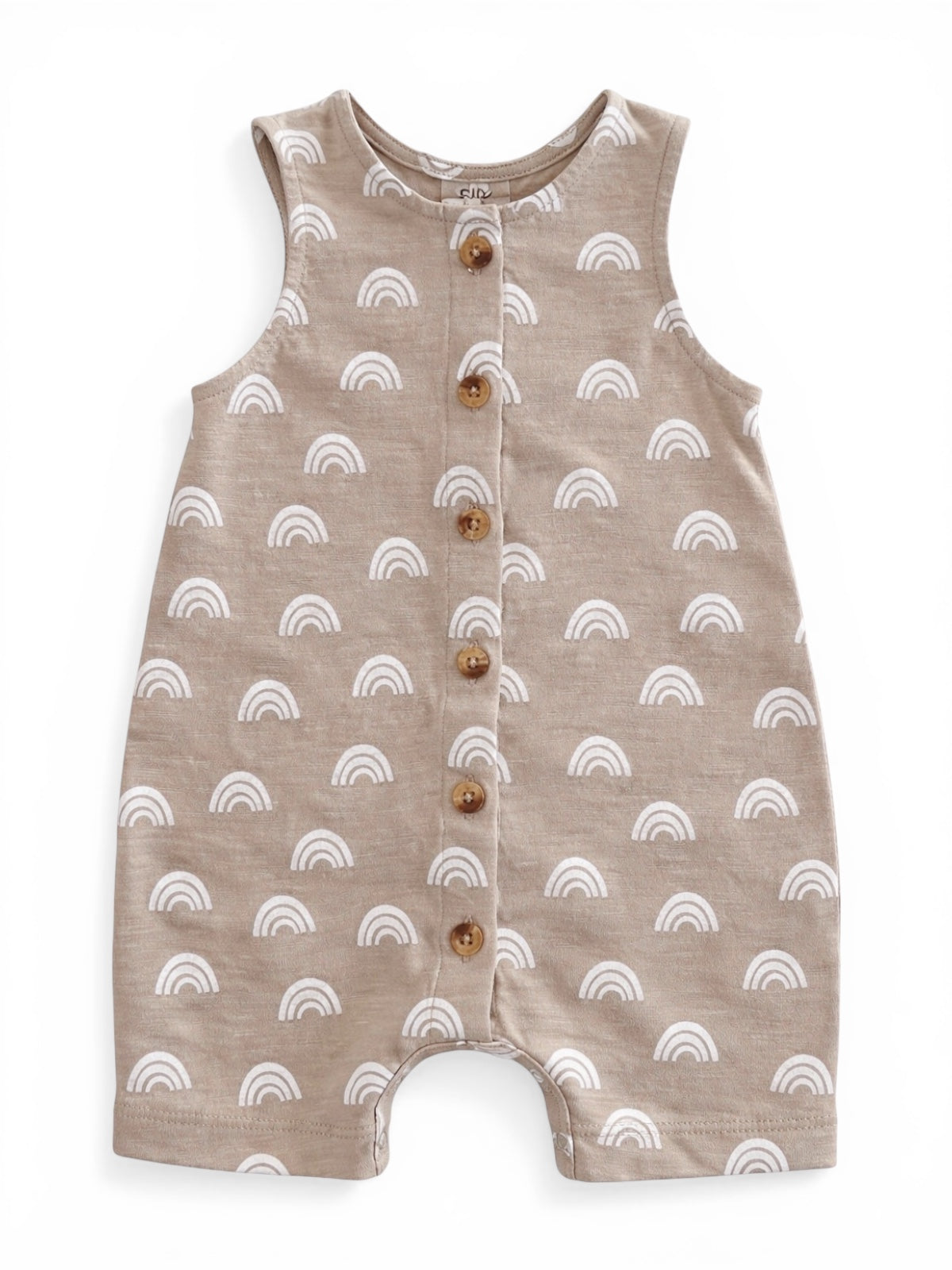 Tan romper decorated with white rainbows and wooden buttons down the front. Ideal for infants and toddlers.