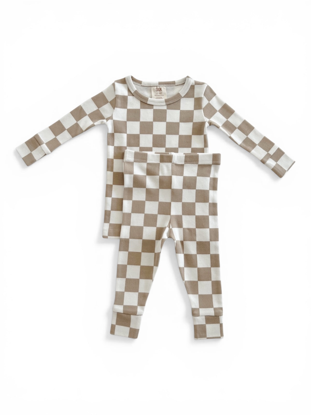 Kids' two-piece pajamas with a beige and cream checkered design on a white background.