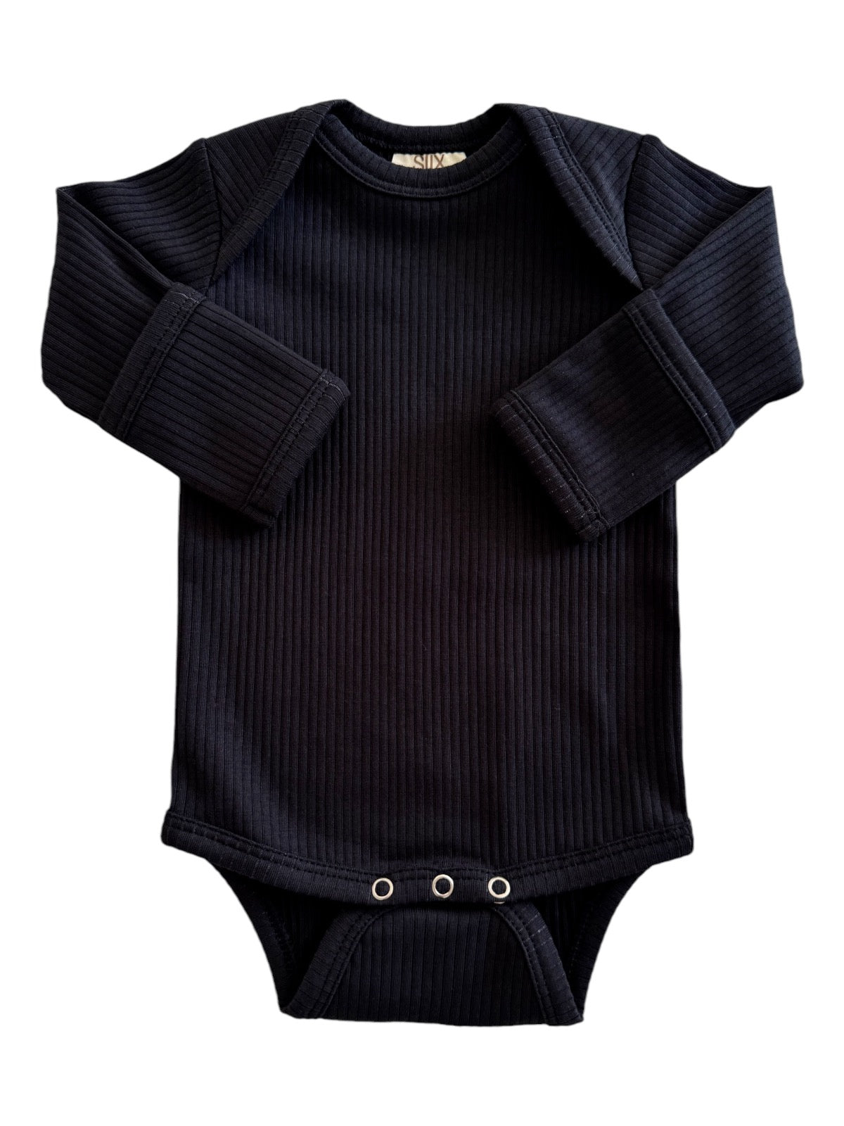 Black long-sleeve ribbed baby bodysuit with snap closure at the bottom, featuring comfortable fit and stylish design.
