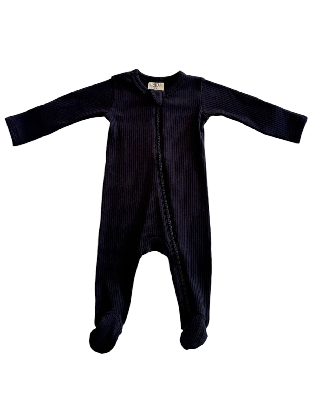 Black ribbed infant onesie with long sleeves and footed design, featuring a front zipper closure.