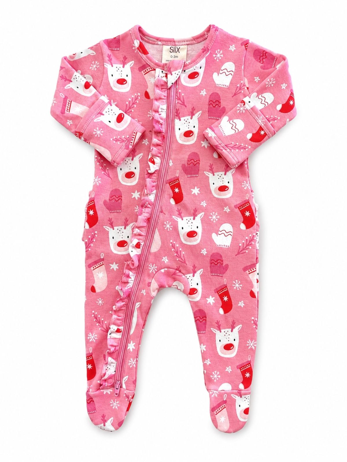 Pink baby onesie with festive reindeer and holiday motifs, featuring a front zipper and ruffle trim.