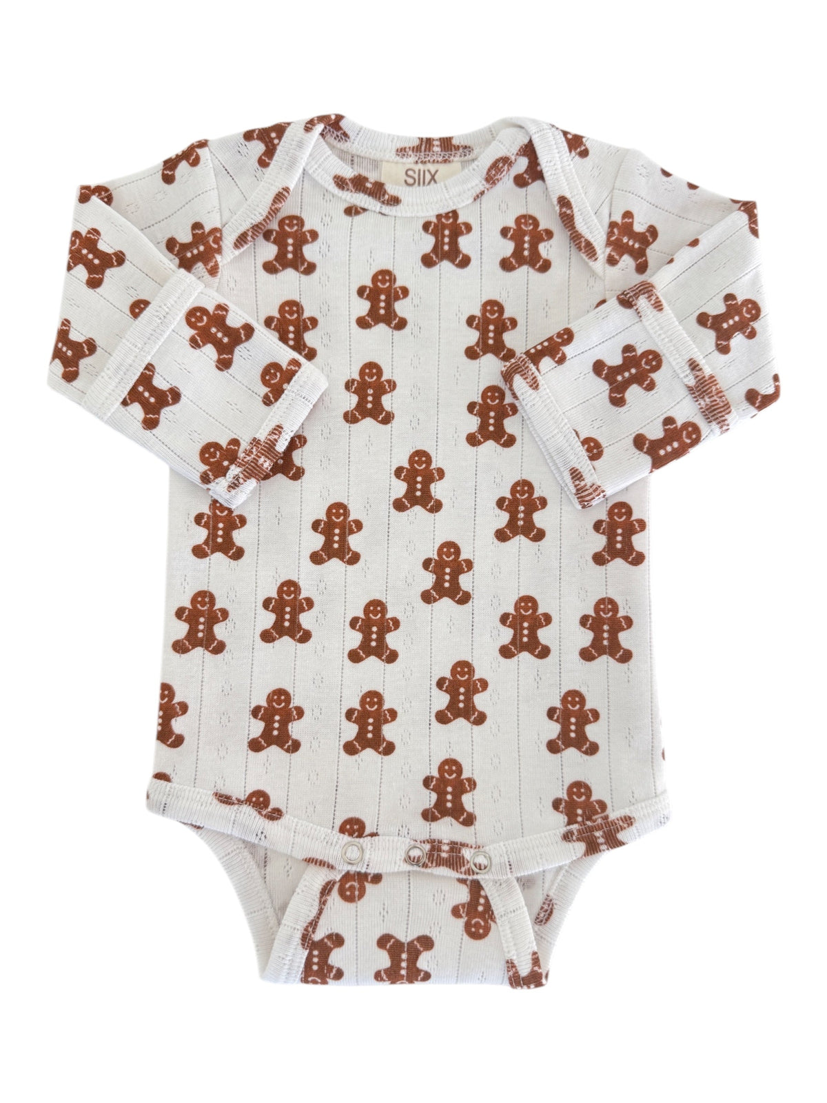 White long-sleeve onesie featuring a pattern of cute gingerbread men.