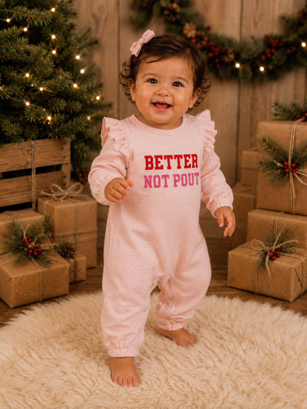 Smiling baby in pink outfit with