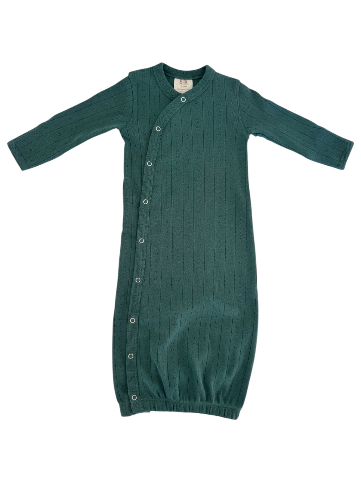 Teal long-sleeve baby gown with ribbed texture and snap buttons down the front for easy dressing.