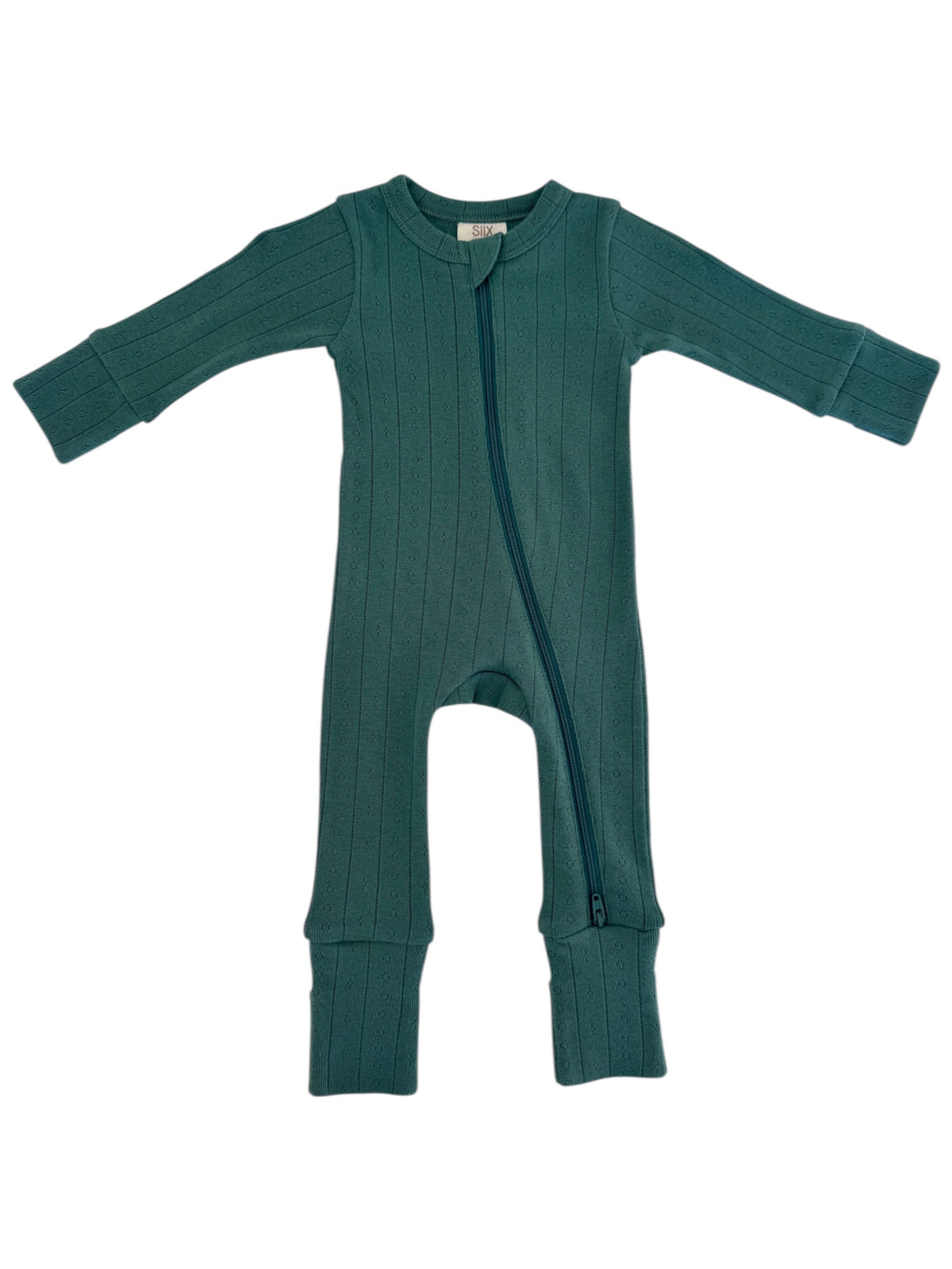 Teal ribbed baby onesie featuring a front zipper and long sleeves. Ideal for comfort and warmth.