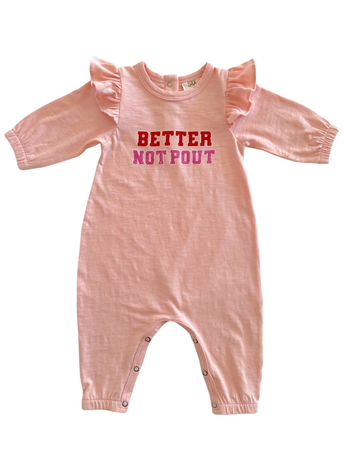 Pink baby onesie with ruffled sleeves and the words