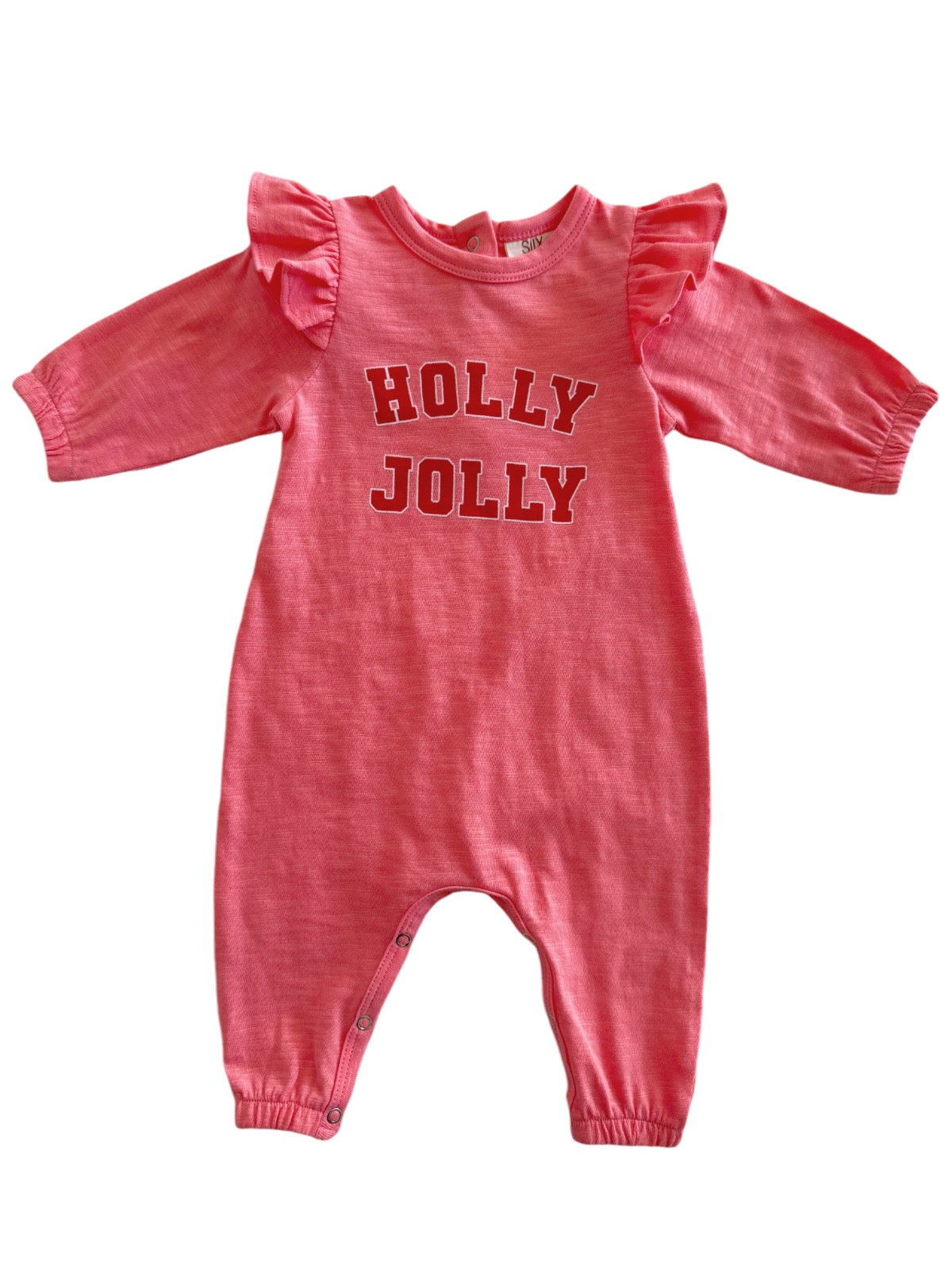 Pink romper with ruffled sleeves, featuring the text