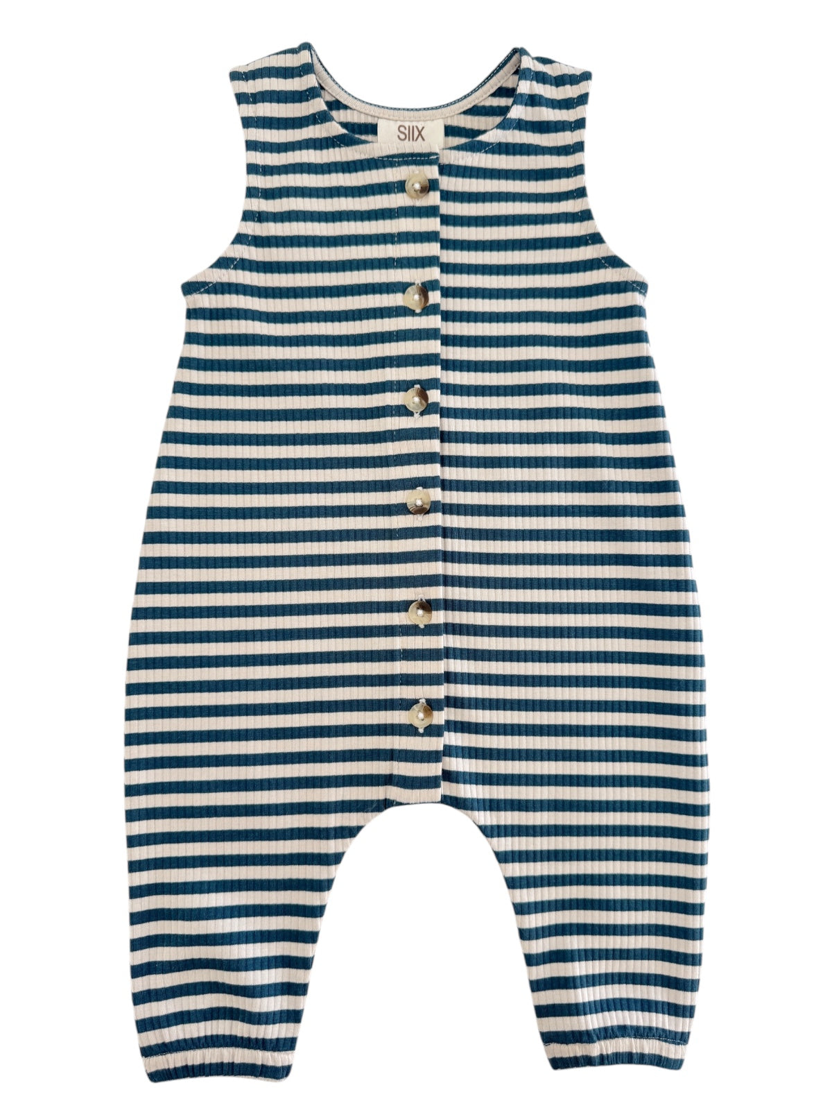 Striped baby romper in blue and white, featuring buttons down the front and sleeveless design.