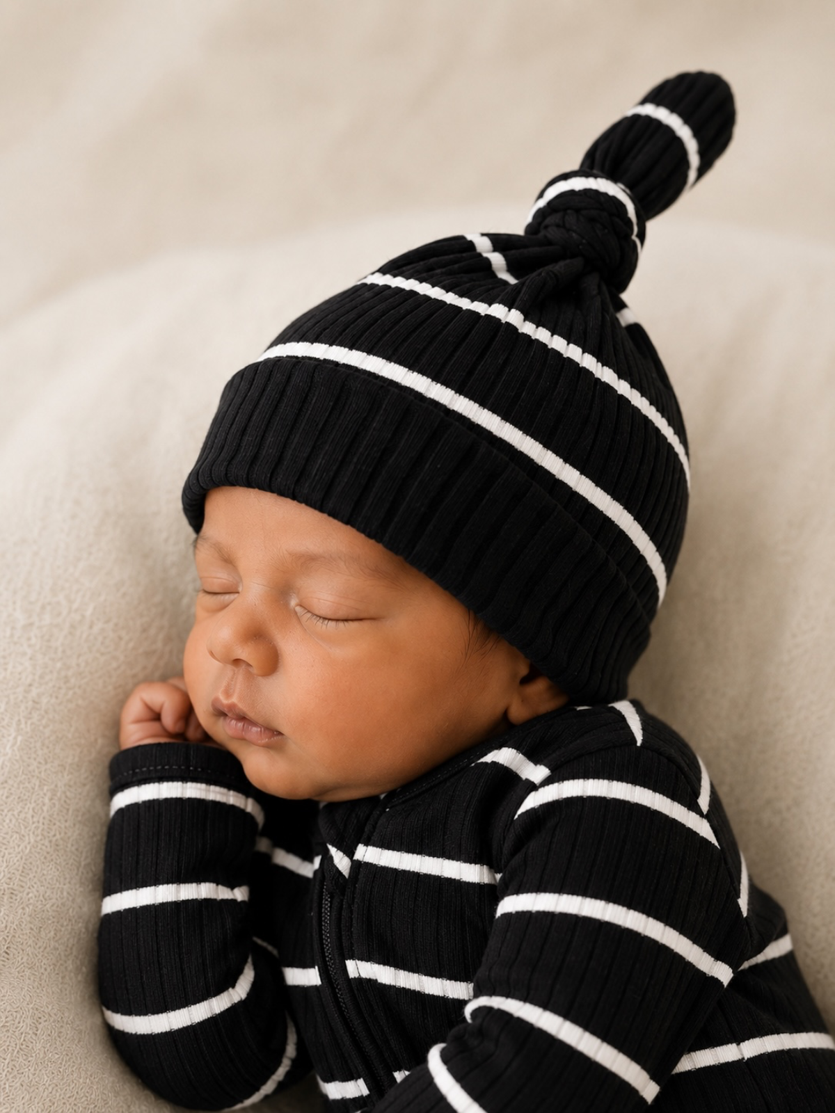 Sleeping baby in a black and white striped outfit with a matching hat, resting on a soft surface.
