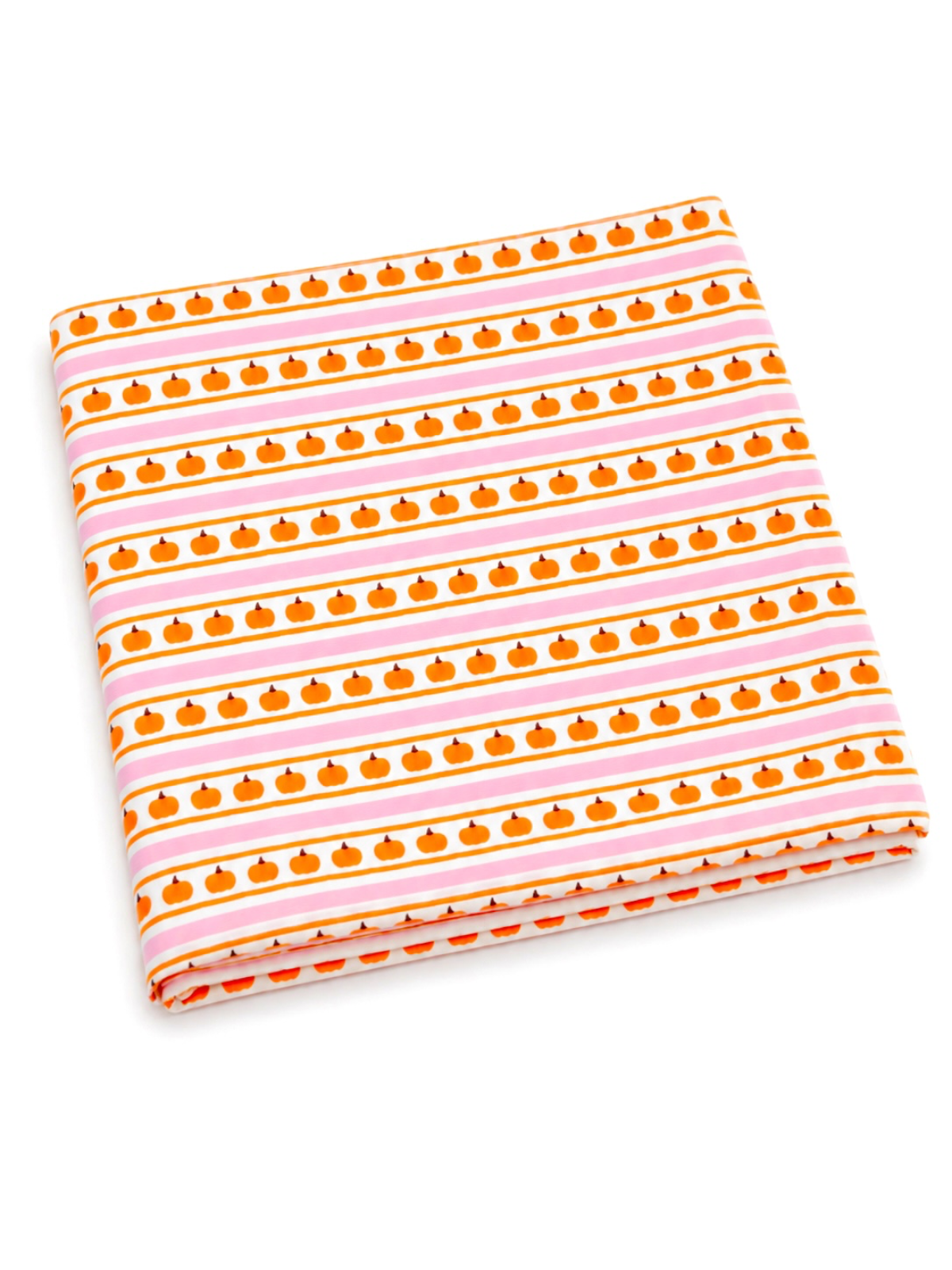Orange pumpkin patterned fabric with alternating pink and white stripes, folded neatly. Ideal for autumn crafts.