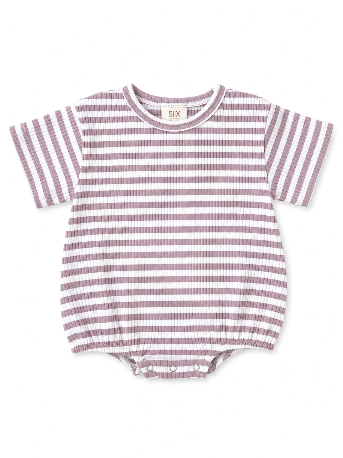 Purple and white striped baby onesie with short sleeves and snap closures at the bottom.