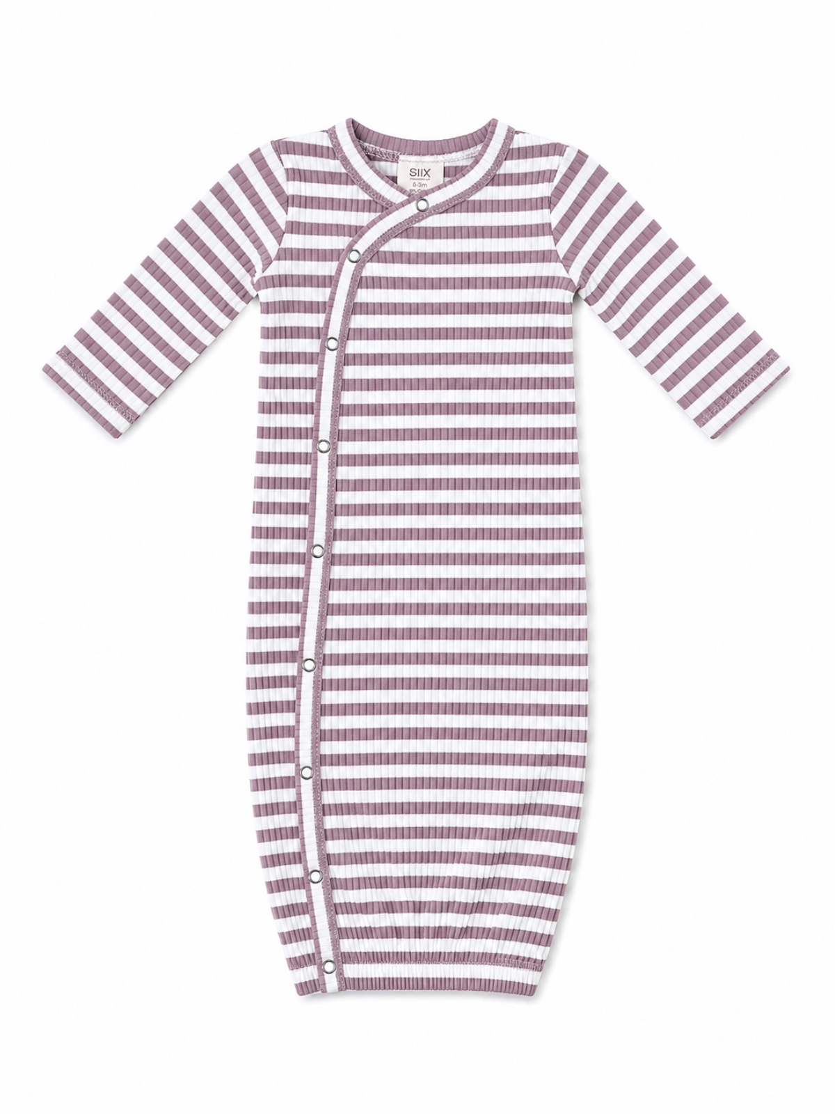 Striped lavender and white baby sleep sack with long sleeves and snap buttons.