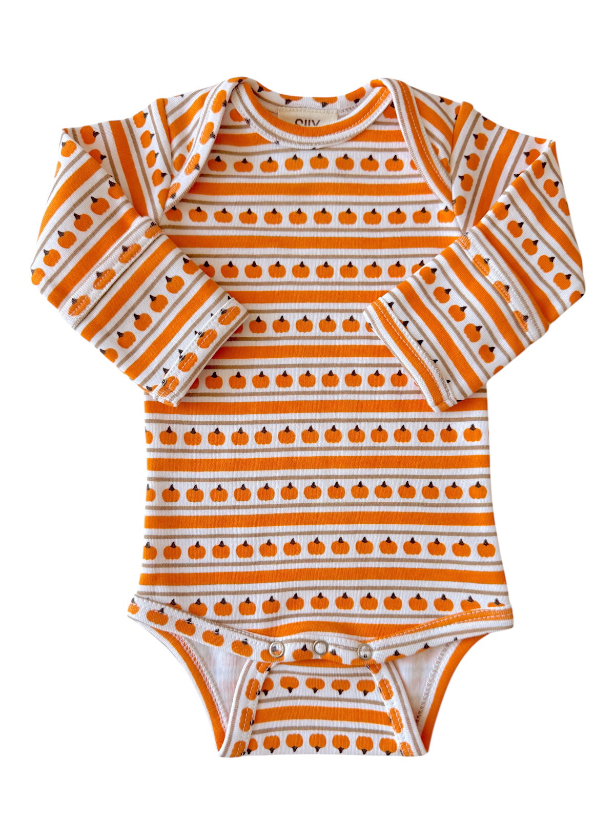 Long-sleeve baby bodysuit with orange pumpkin pattern on white stripes. Ideal for fall and festive occasions.