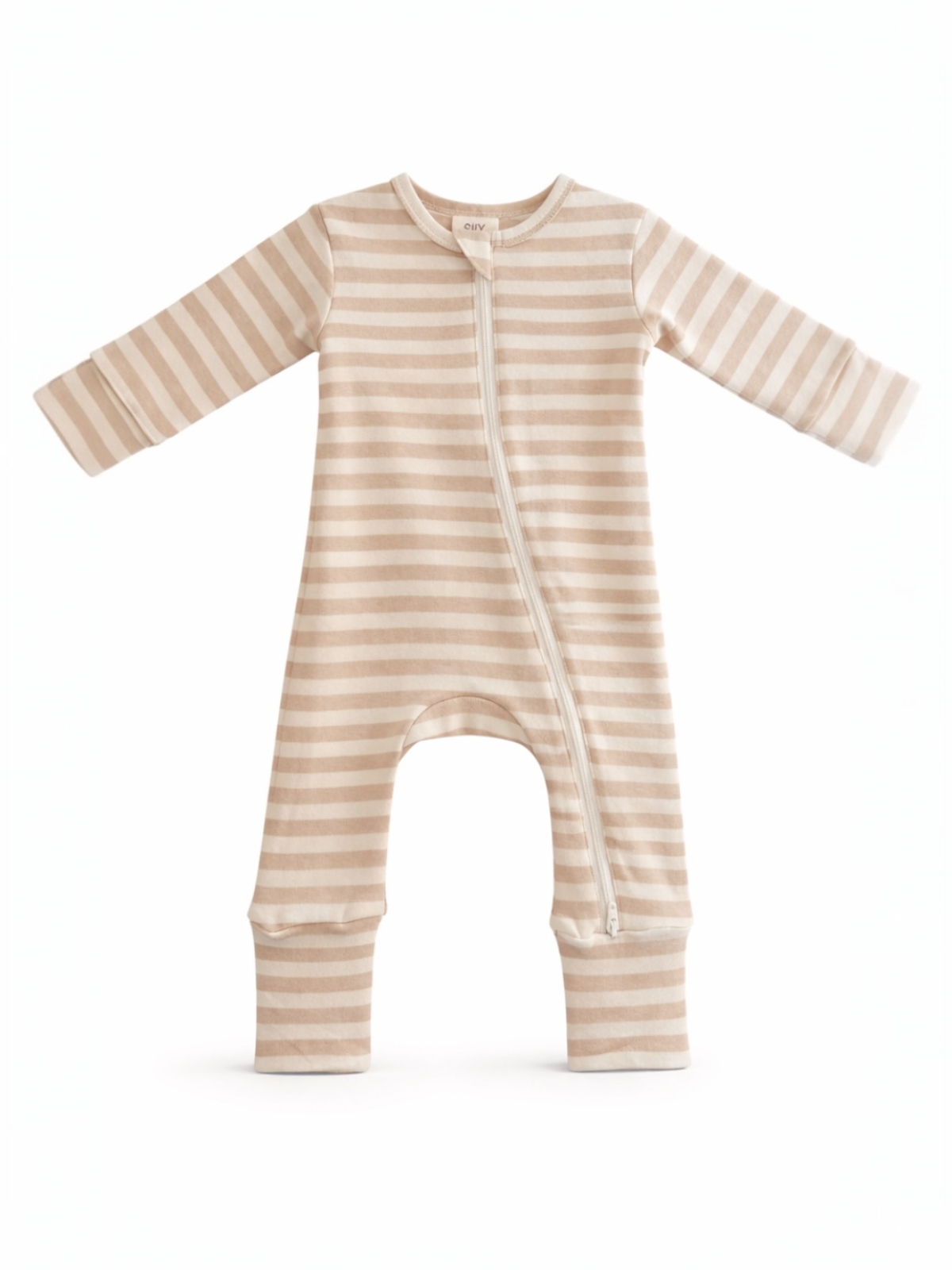 Striped infant onesie in soft beige tones with a front zipper and long sleeves. Ideal for comfort and style.