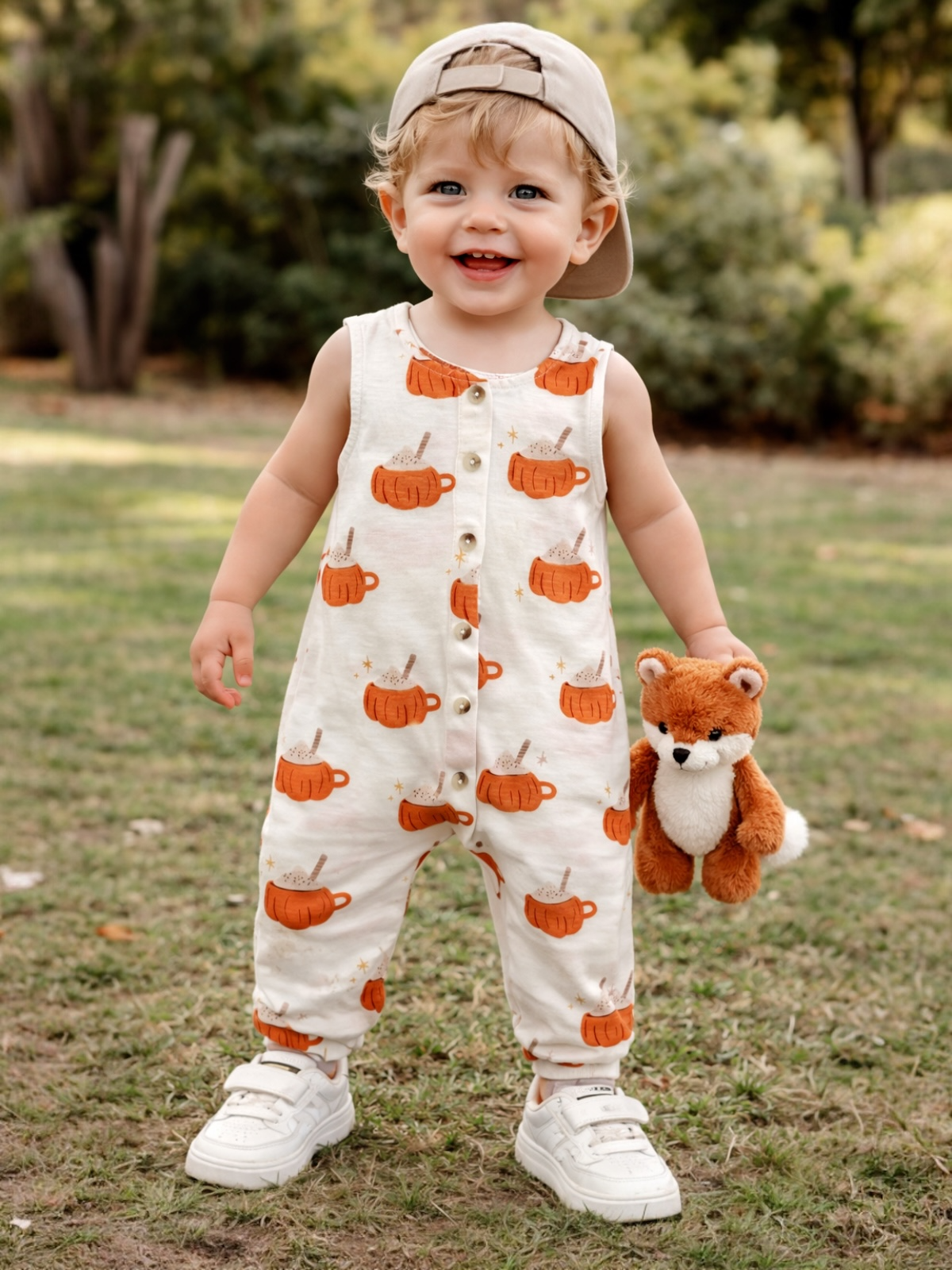 Smiling toddler in patterned outfit holding a stuffed fox, standing on grass outdoors.