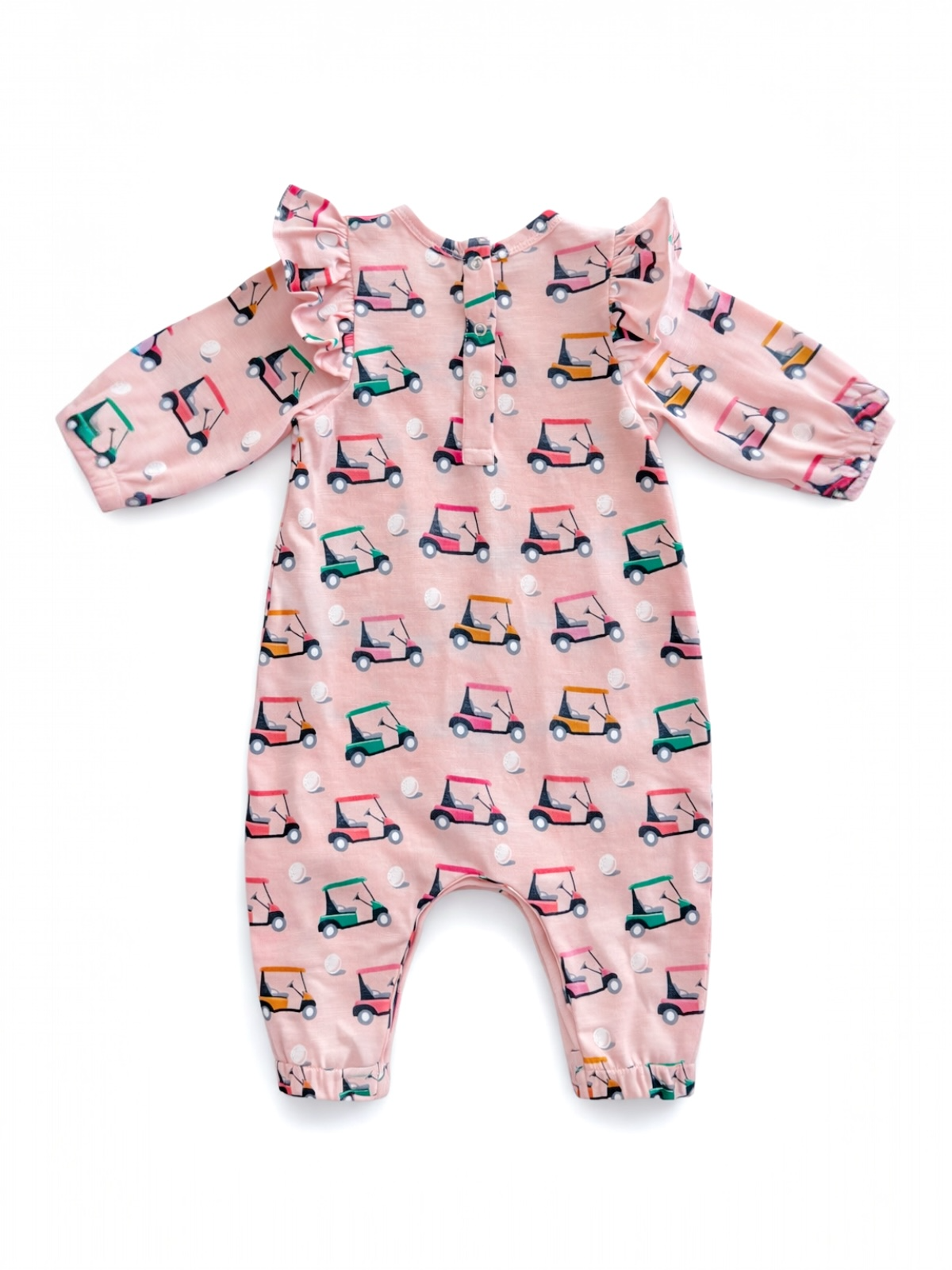 Pink baby romper with golf cart pattern and ruffle sleeves, button closure at the back. Ideal for playful outfits.