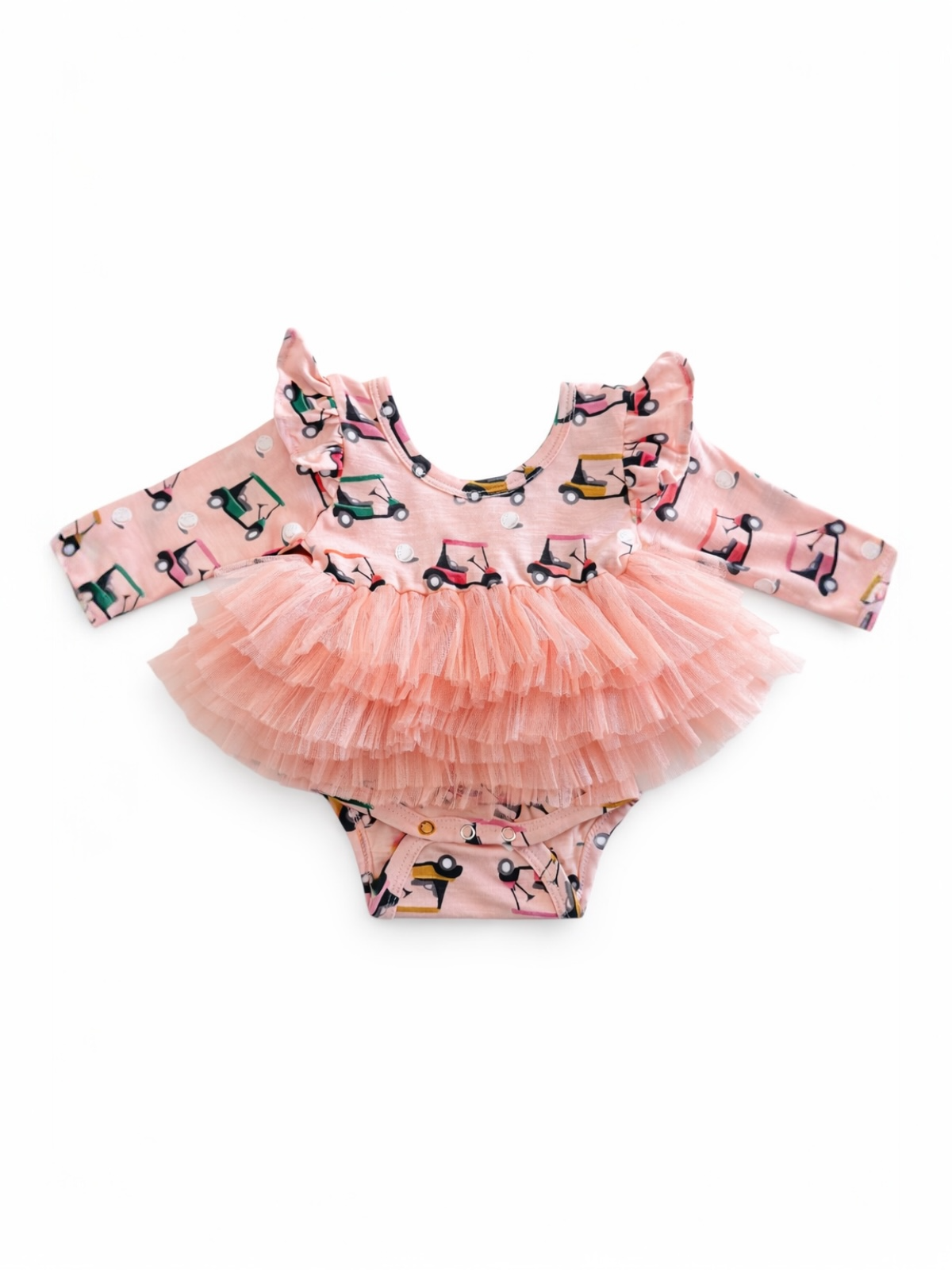 Pink ruffled dress with a frilly skirt and a playful vehicle pattern, perfect for young children.