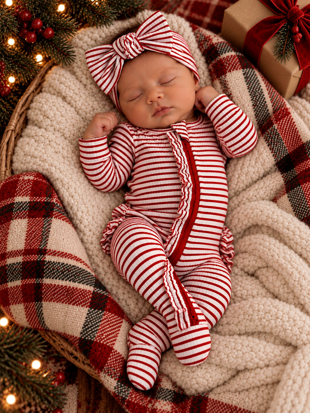 Red Stripe / Ribbed Frill 2-Way Zip Footie