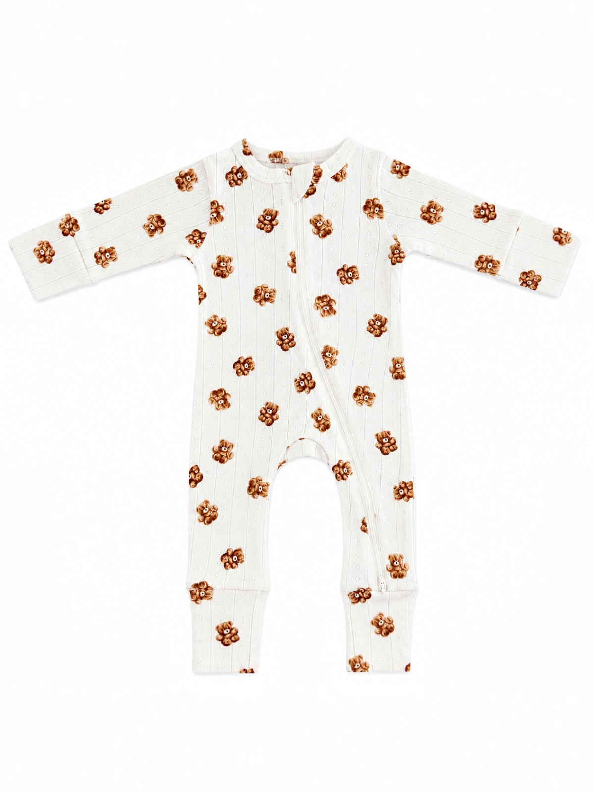 White baby onesie with brown floral print and long sleeves, featuring a front zip closure.