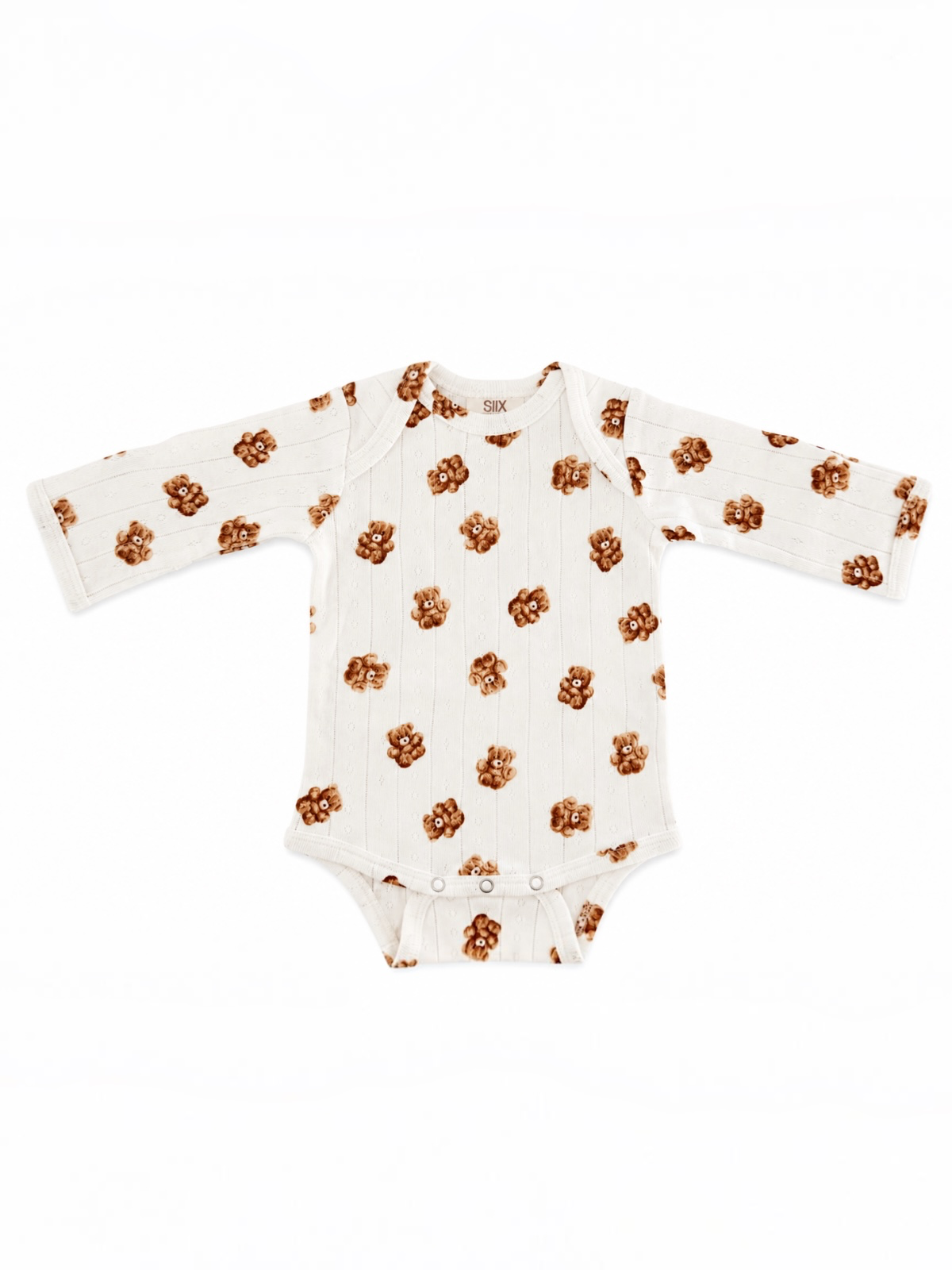 White baby onesie with long sleeves and a floral pattern in brown tones.