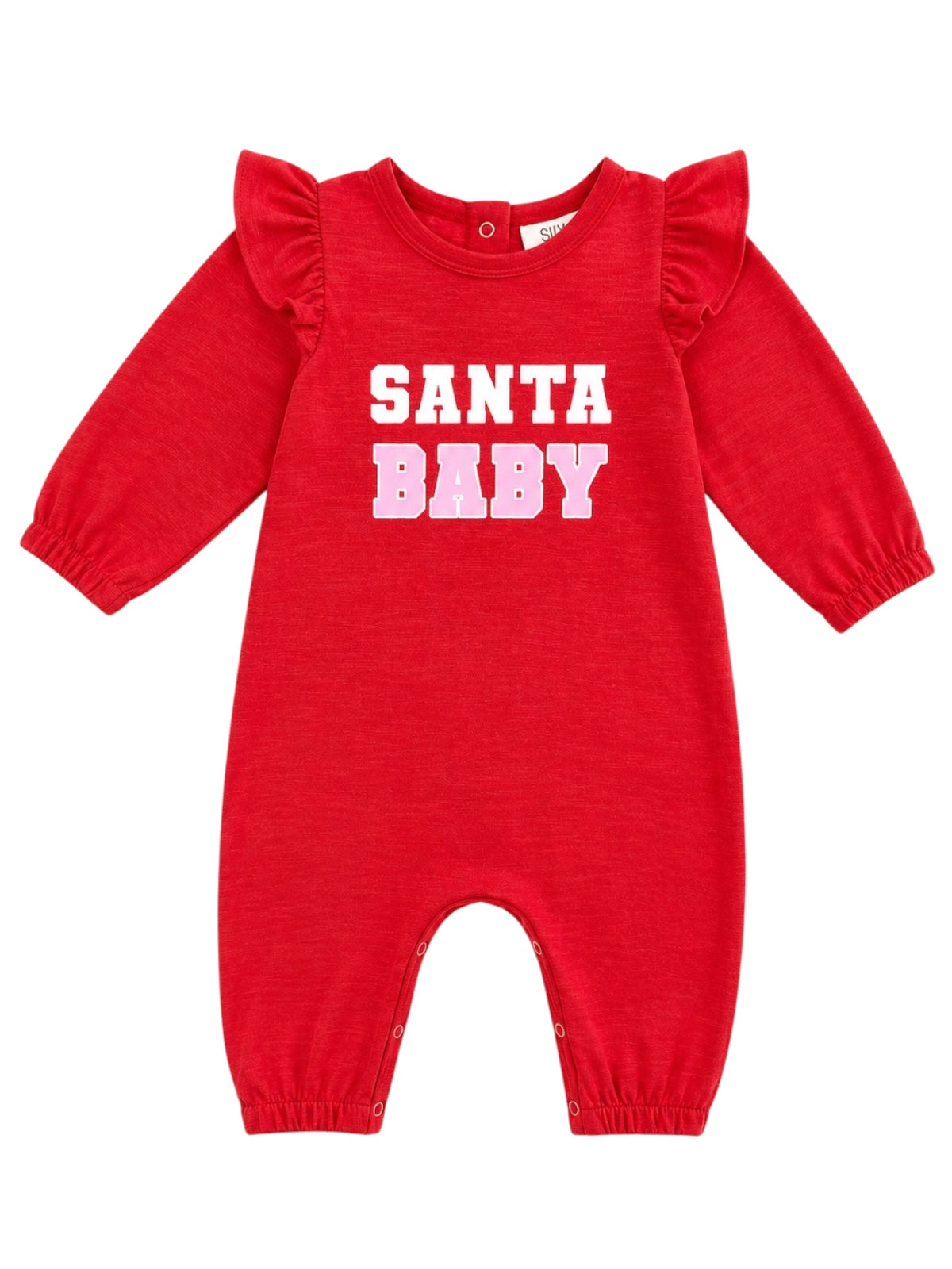 Red baby onesie with ruffled sleeves featuring the text