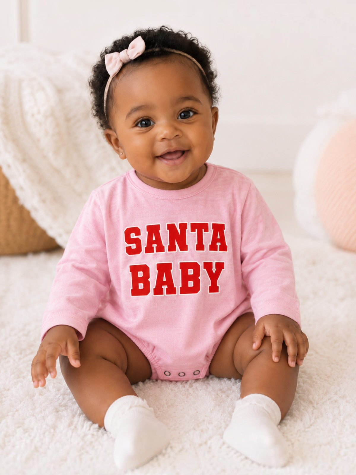 Smiling baby in a pink onesie with