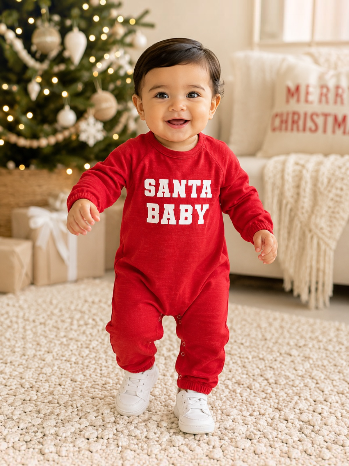 Smiling baby in red