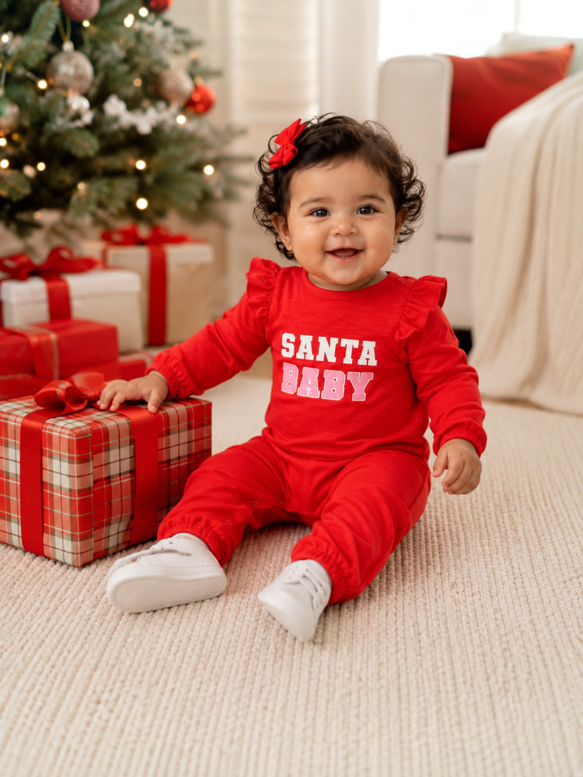 Santa Baby Red/Pink / Organic Long Sleeve Ruffle Jumpsuit