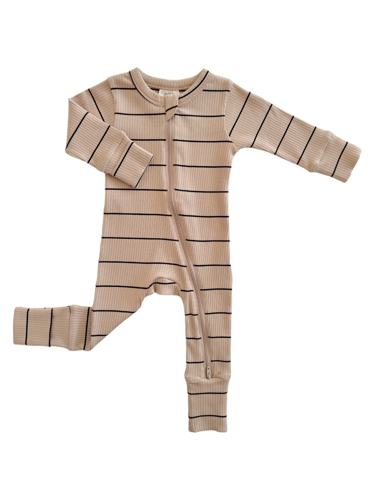 Beige striped baby onesie with zip closure and long sleeves displayed on a white background.