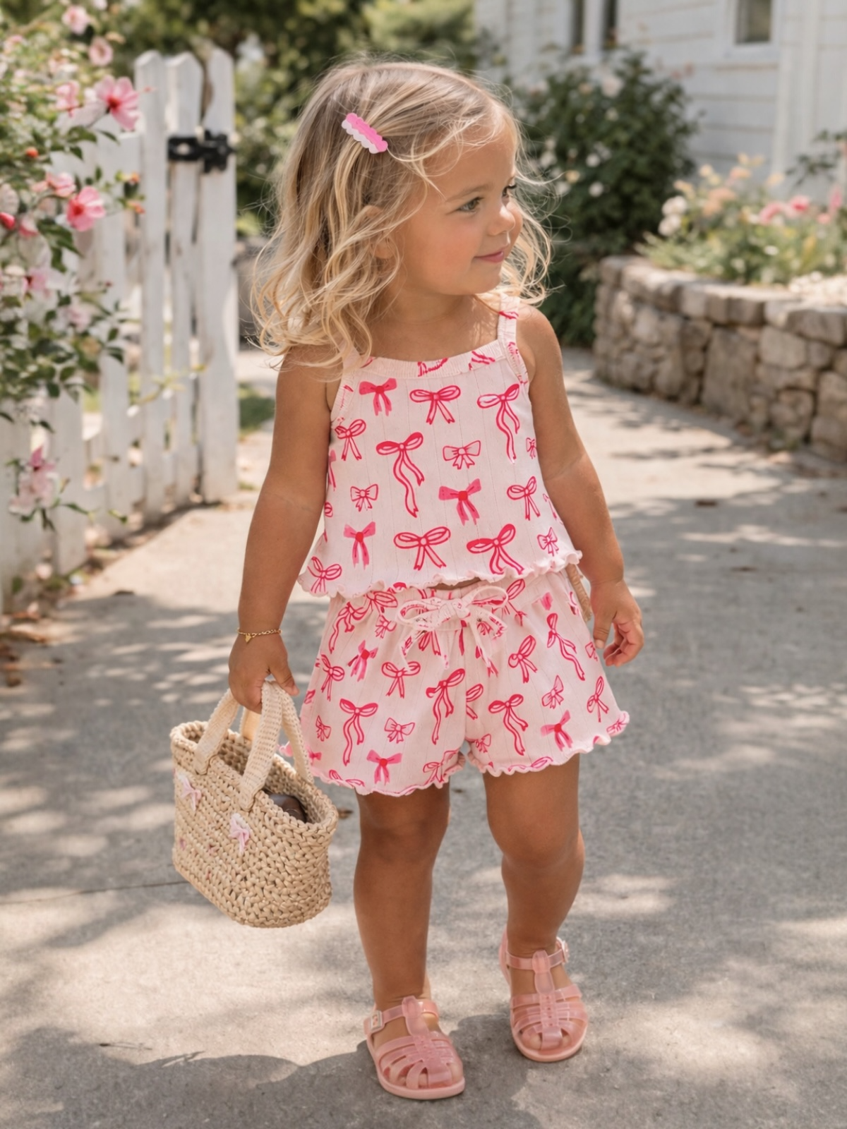 Young girl in a bow-patterned outfit, holding a woven bag, walking on a sunny path with flowers nearby.