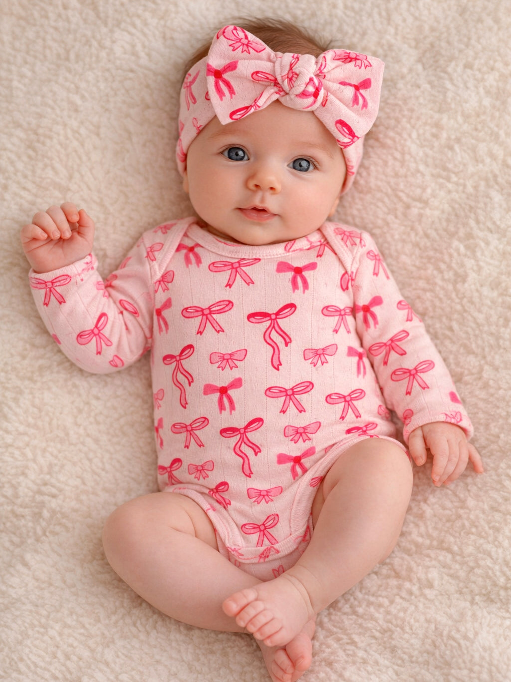 Pink Bows / Organic Pointelle Long Sleeve Bodysuit