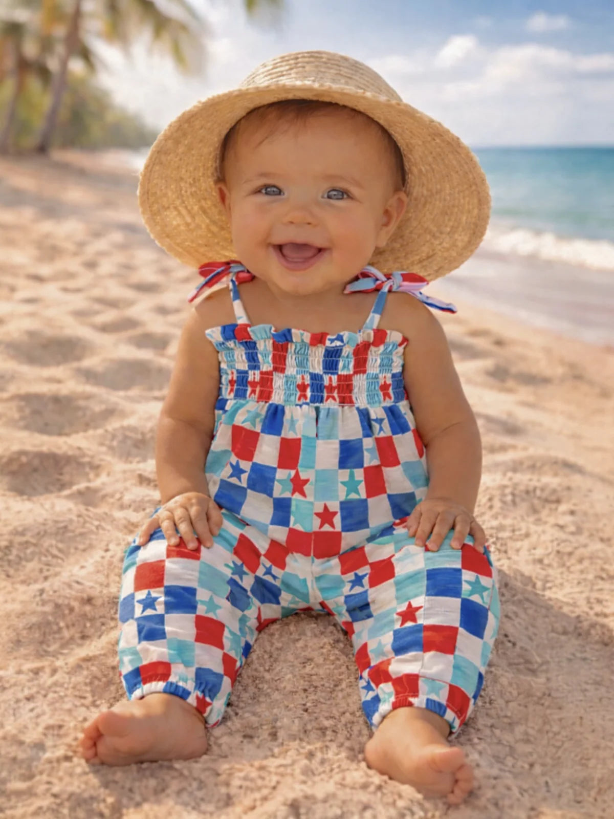 Red, White & Blue Checkerboard / Organic Smocked Jumpsuit
