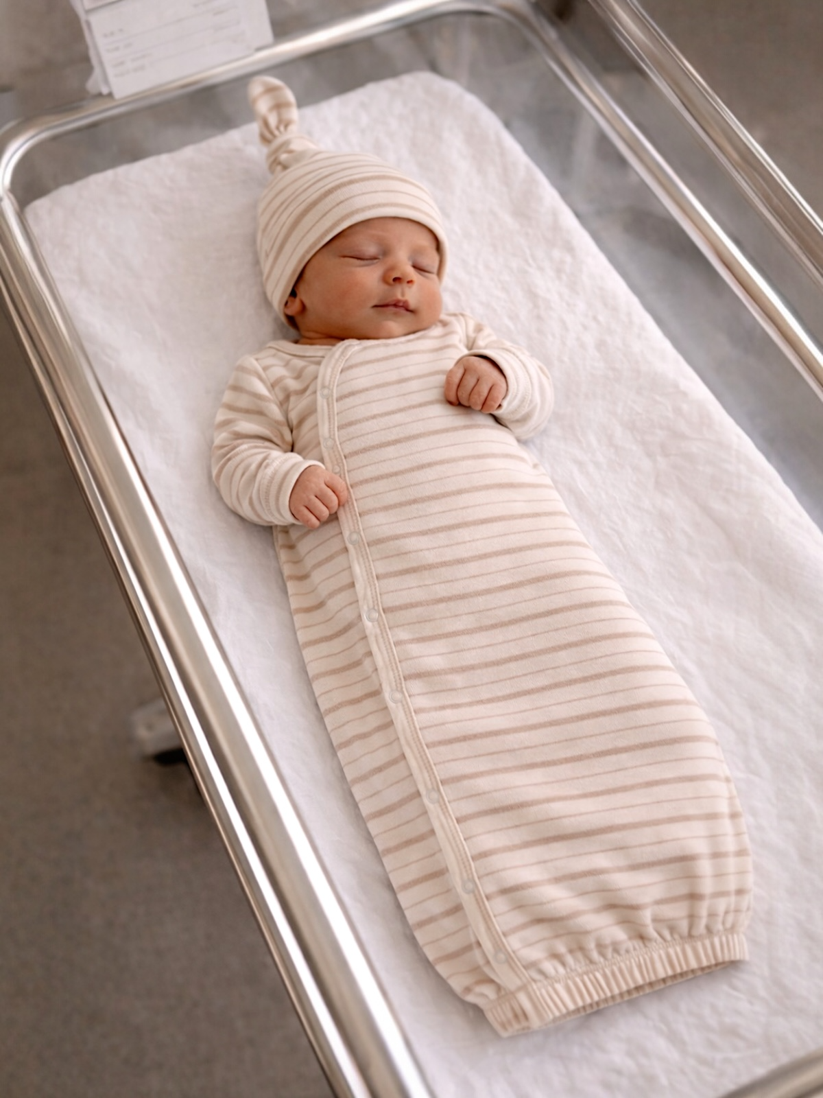 Newborn baby asleep in a striped swaddle blanket, wearing a matching hat, in a hospital bassinet.