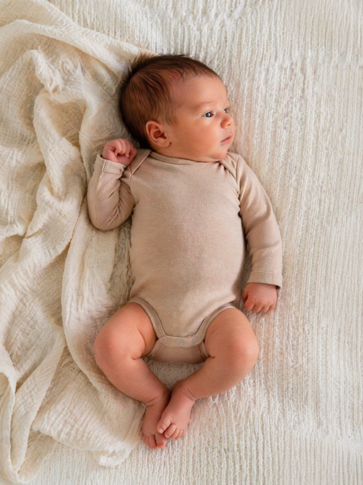 Newborn baby lying on a soft blanket, wearing a light beige onesie, looking curiously to the side.