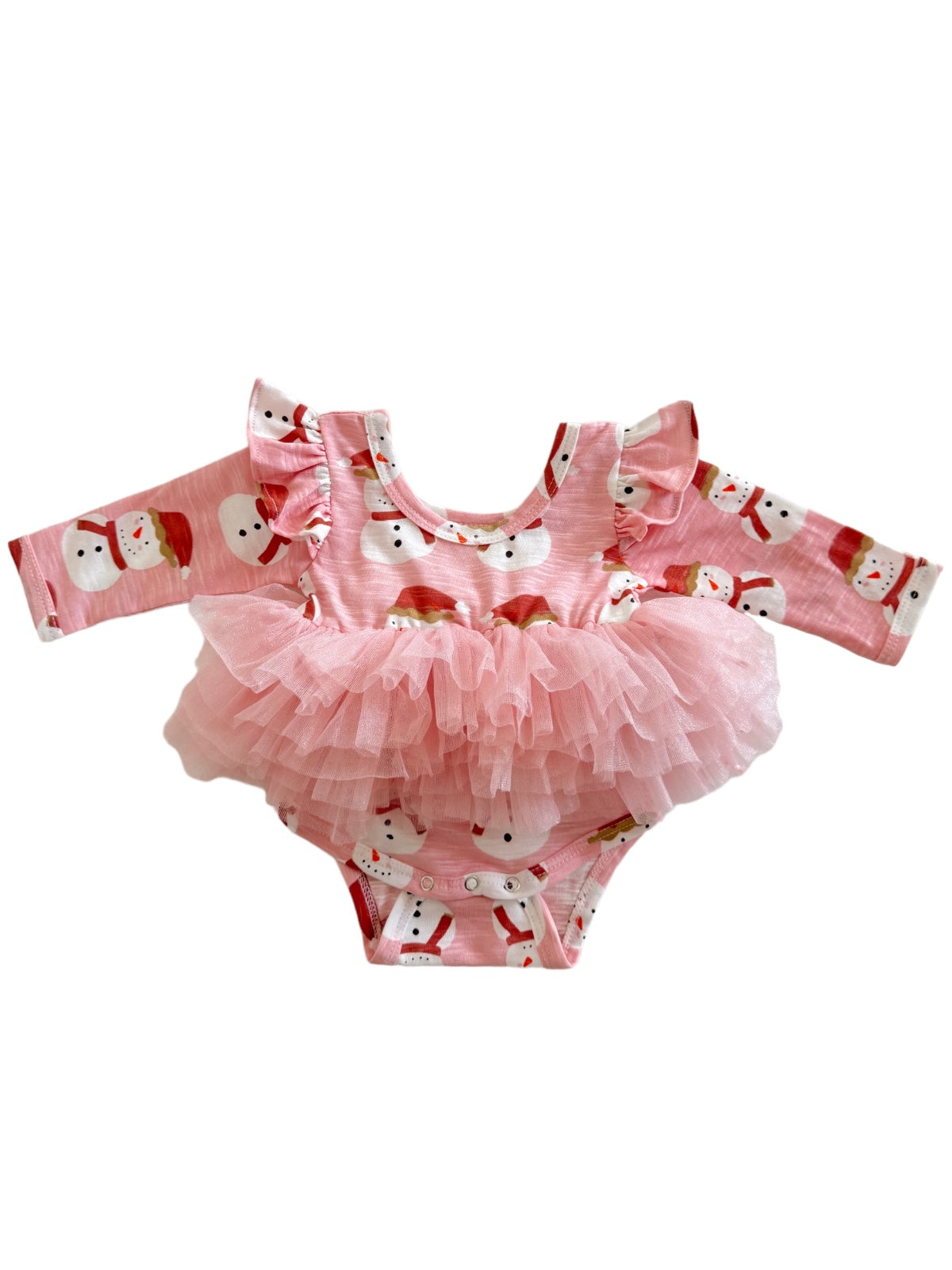 Pink baby bodysuit with snowman print and a fluffy tulle skirt, featuring long sleeves and ruffled shoulders.