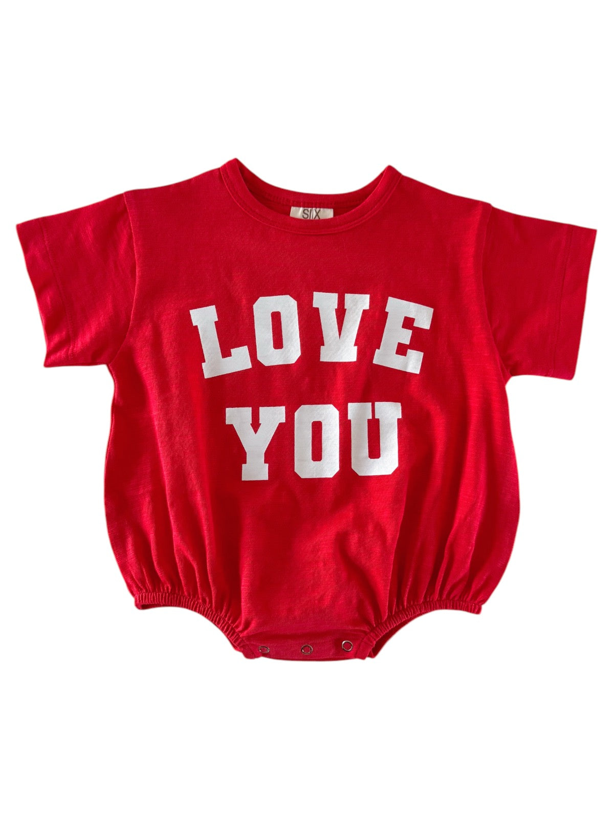 Red baby bodysuit with white text that reads