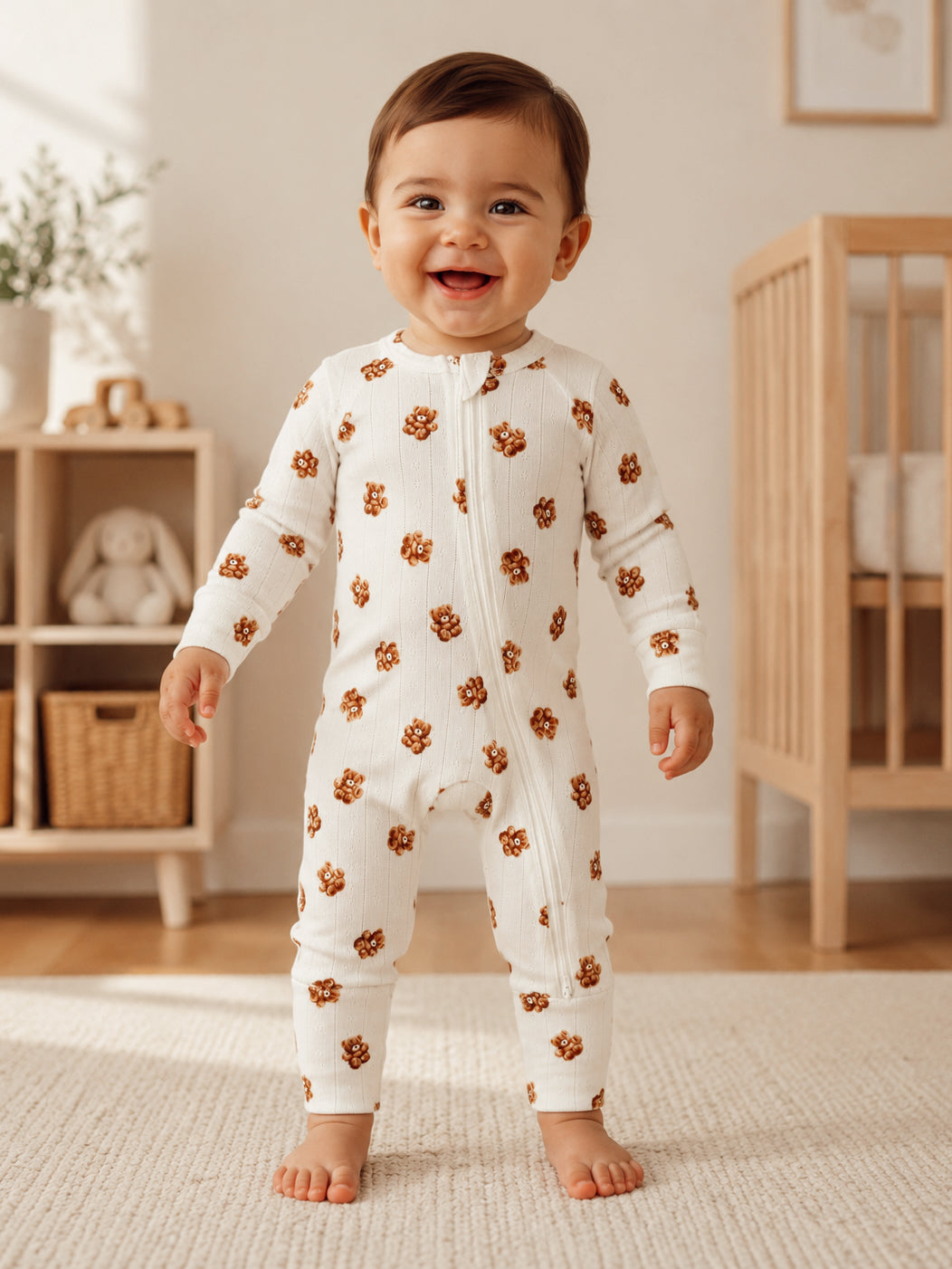 Smiling toddler in a floral onesie stands in a bright, cozy nursery. Natural light highlights playful decor.