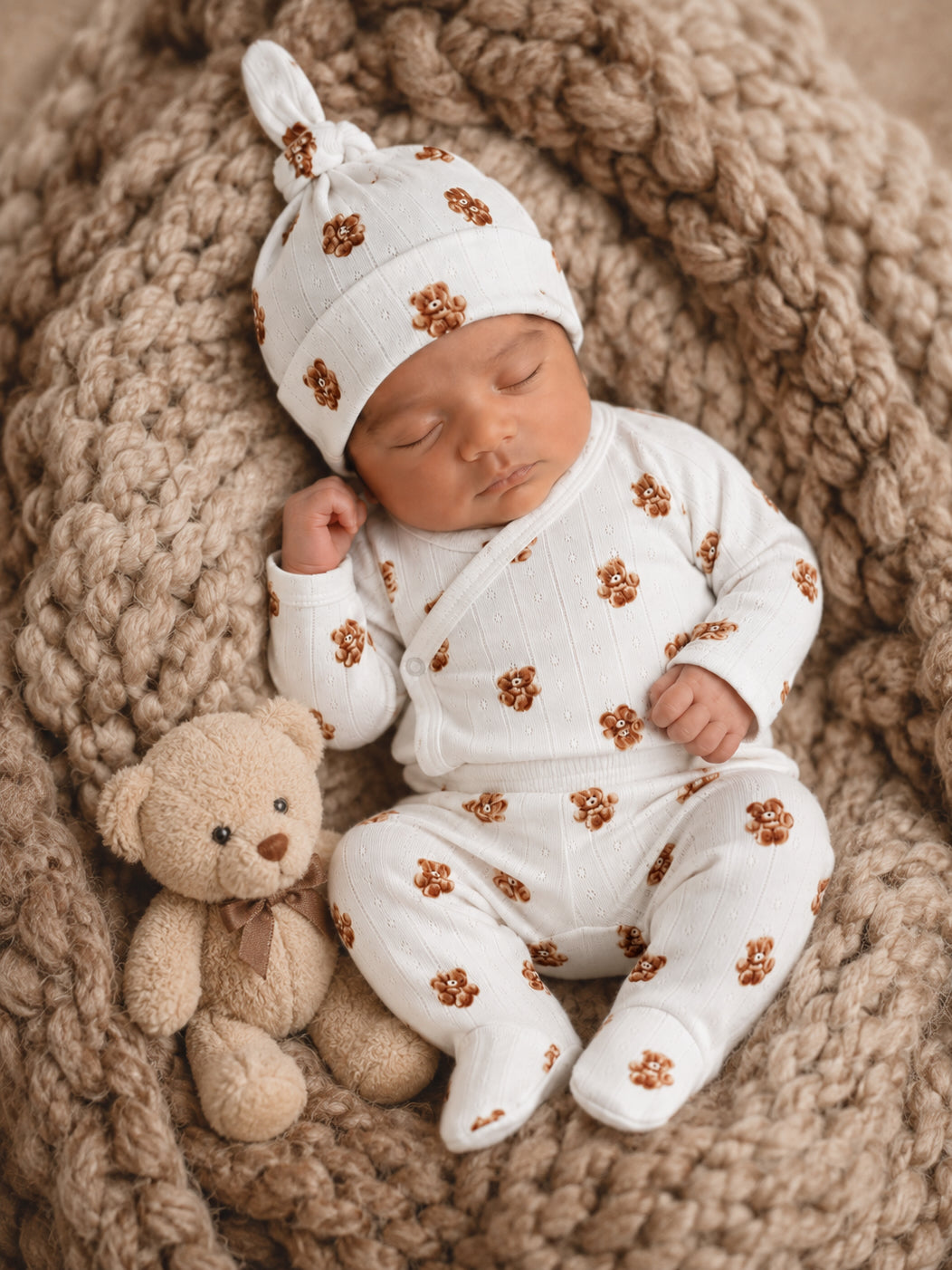 Sleeping baby in a bear-patterned outfit, cuddling a teddy bear on a cozy knitted blanket.