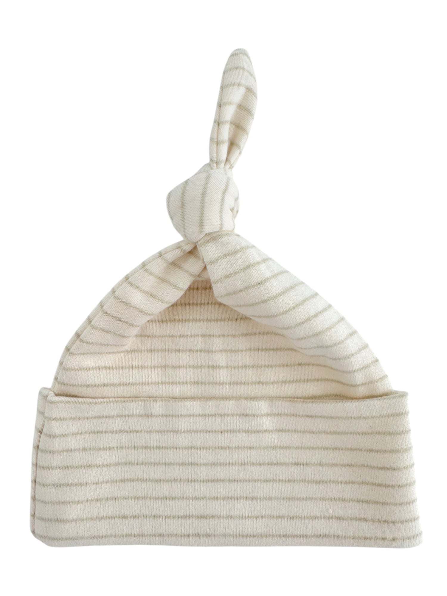 Cream striped baby hat with a knotted top, designed for comfort and style.