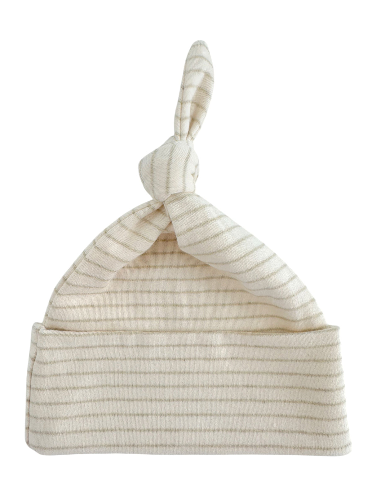 Cream striped baby hat with a knotted top, designed for comfort and style.