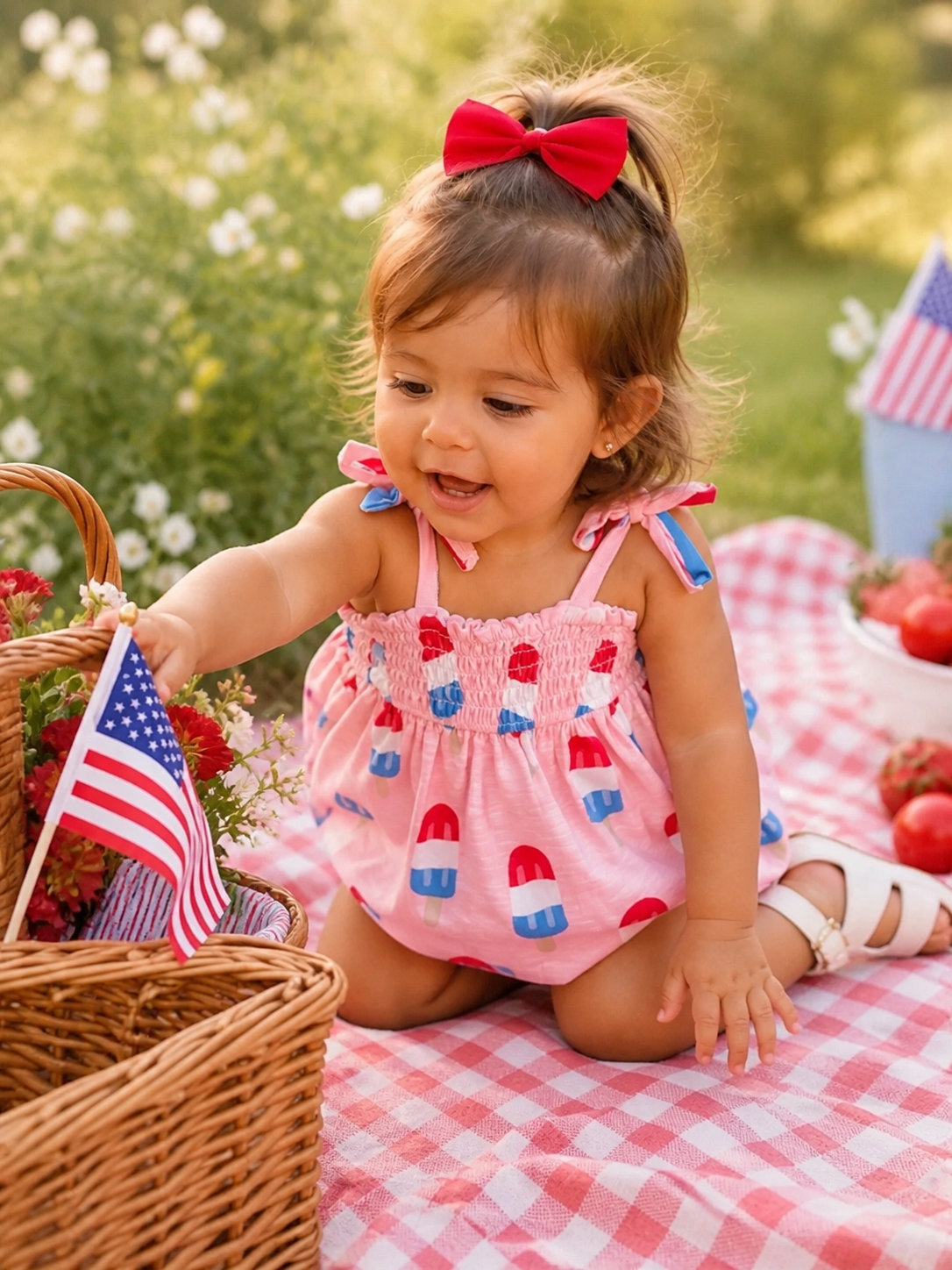Toddler in a pink popsicle-patterned outfit, playing on a picnic blanket with flowers and American flags around her.