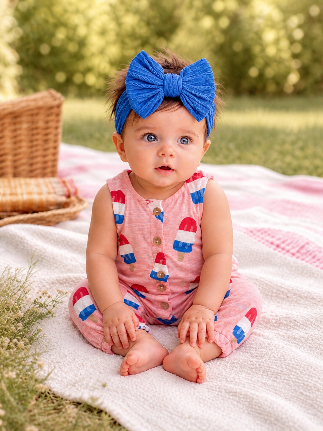 Baby sitting on a blanket outdoors, wearing a pink outfit with popsicle patterns and a blue bow headband.