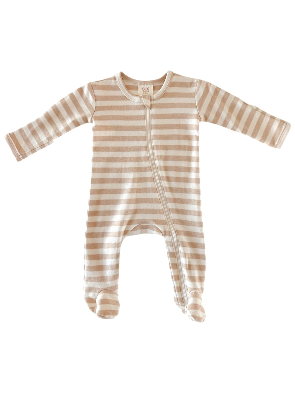 Striped baby onesie with long sleeves and a front zipper, designed for comfort and warmth.